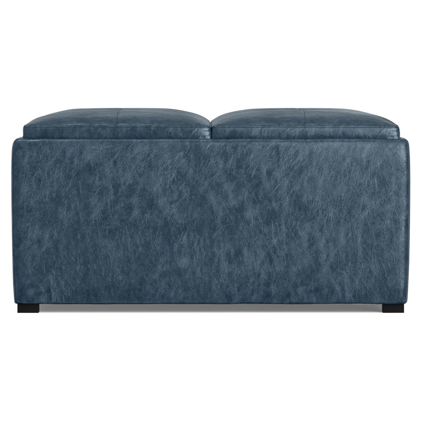 SIMPLIHOME Avalon 35 inch Wide Contemporary Square Coffee Table Storage Ottoman in Denim Blue Vegan Faux Leather, Assembled, For the Living Room and Bedroom