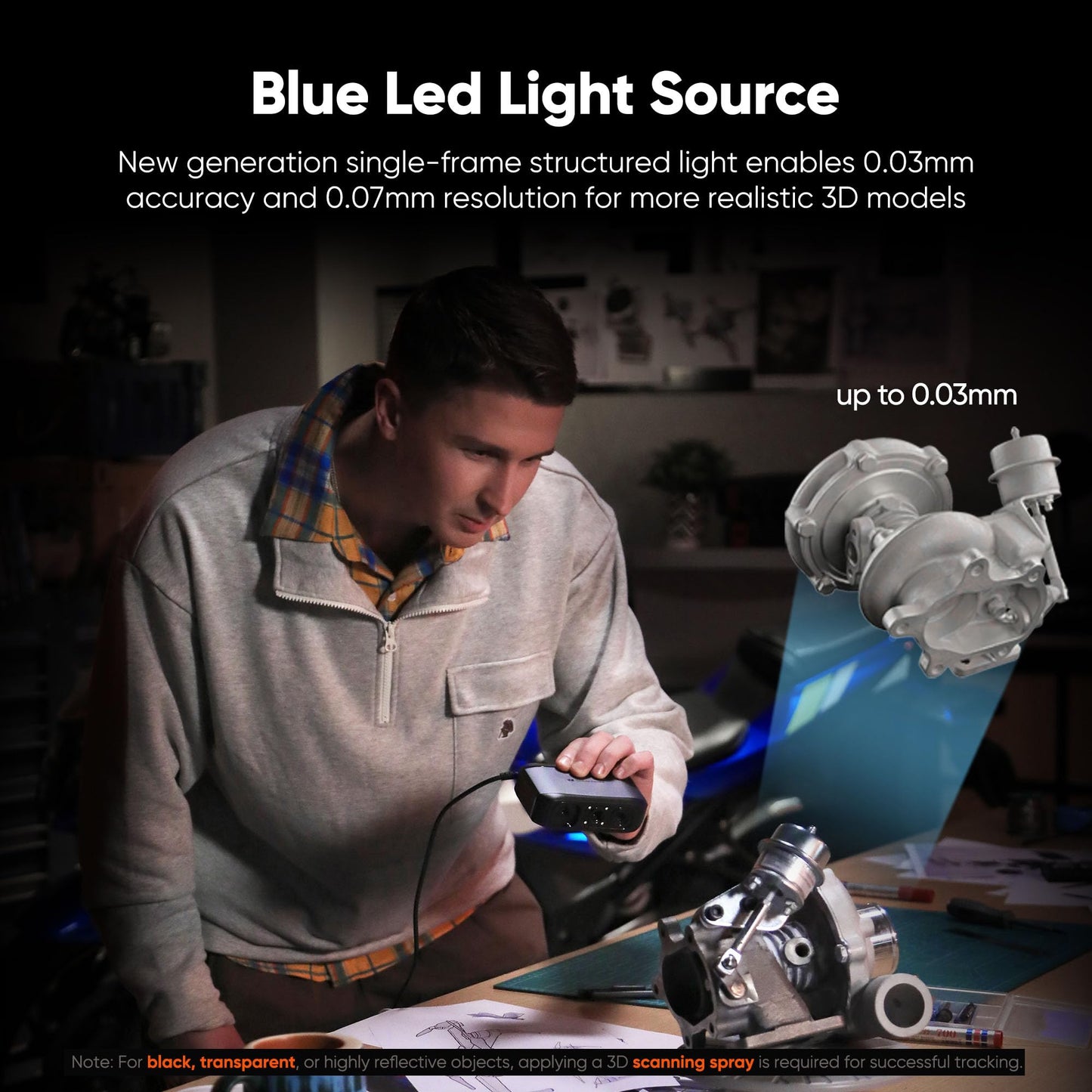 3DMakerpro 3D Scanner Moose, Medium-Format 3D Scanners for Printing, Blue Led Light Source, Up to 0.03mm Accuracy, 24-Bit Full-Color Scanning