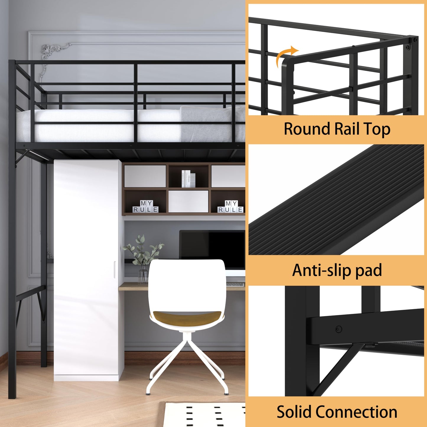 Debercu Twin loft Bed 75 inch High with High Guardrail,Space Saving Bedframe with Wide Ladder Rungs,No Sagging,Allow 12 inch Mattress Sturdy Metal Bed,Black