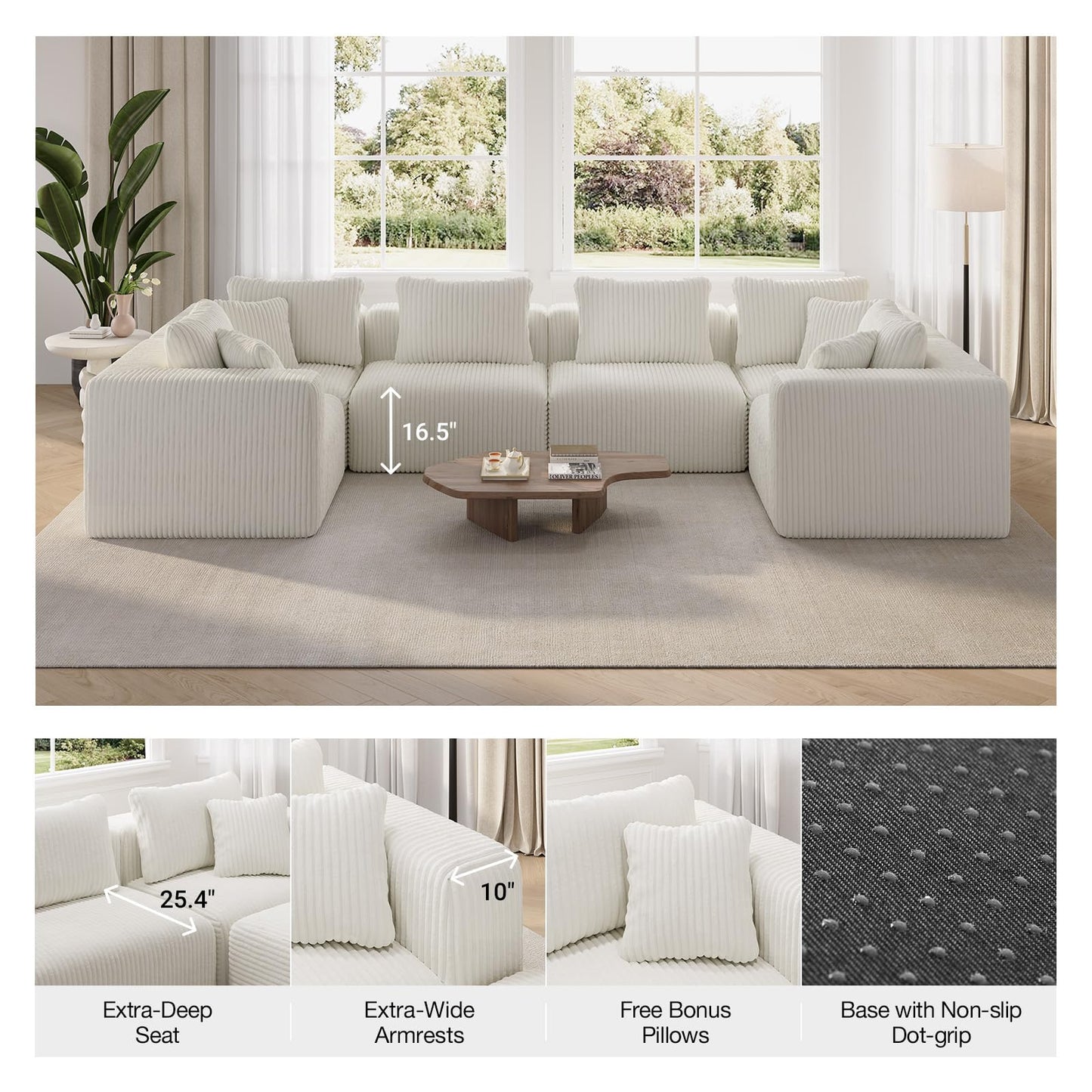 Novilla 141" Modular Sectional Sofa, Modern Cloud Sectional Couch with Smarts Coil® Support, U-Shape Boneless Couch for Living Room Apartments, No Assembly Required, Beige (4 Seat w/ 2 Ottoman)