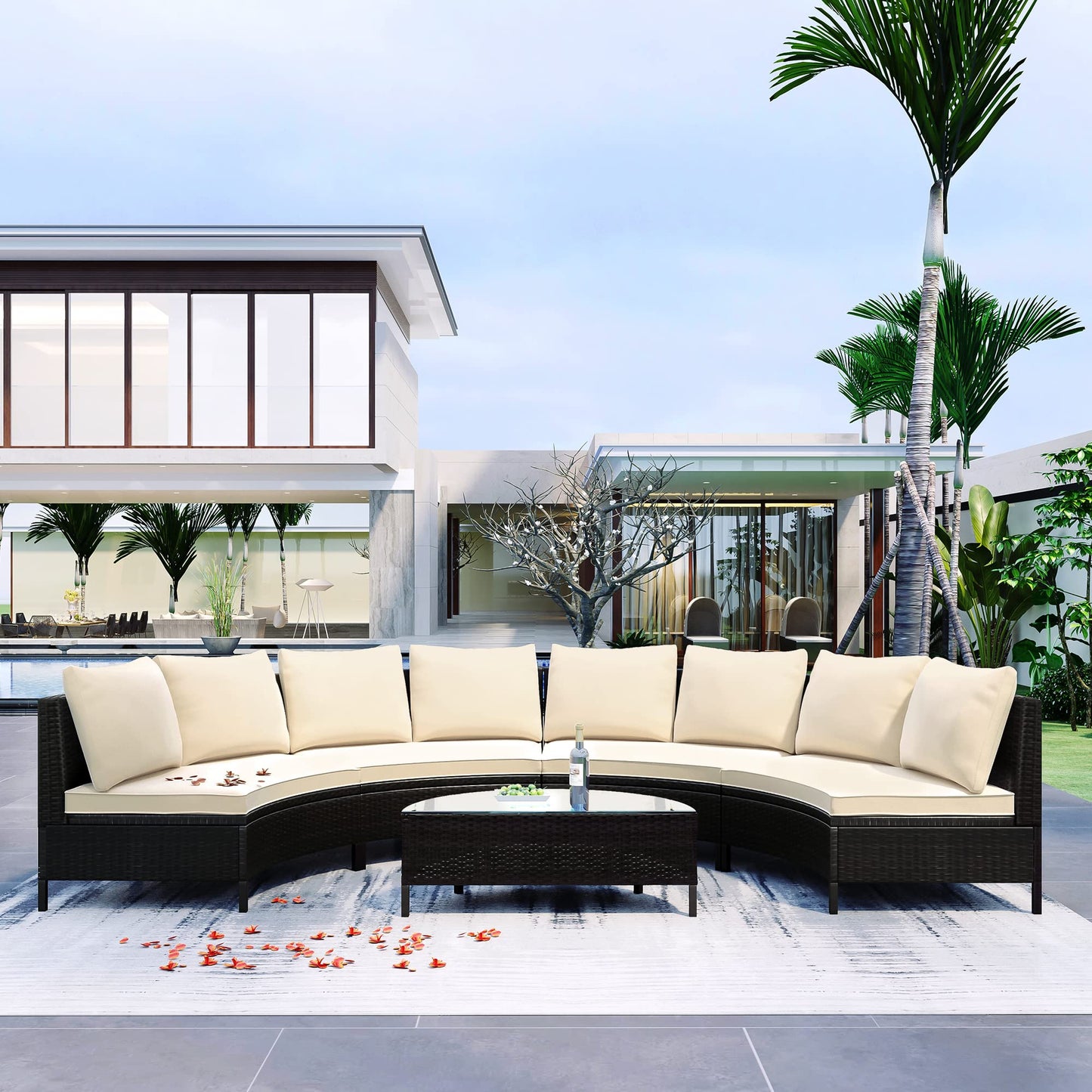 GDFStudio Marlen Patio 5-Piece Conversation Set, Outdoor Half Moon Sectional Sofa Set with Tempered Glass Coffee Table and Removable Cushions, All Weather PE Wicker Modular Sectional Sofa Set, Beige