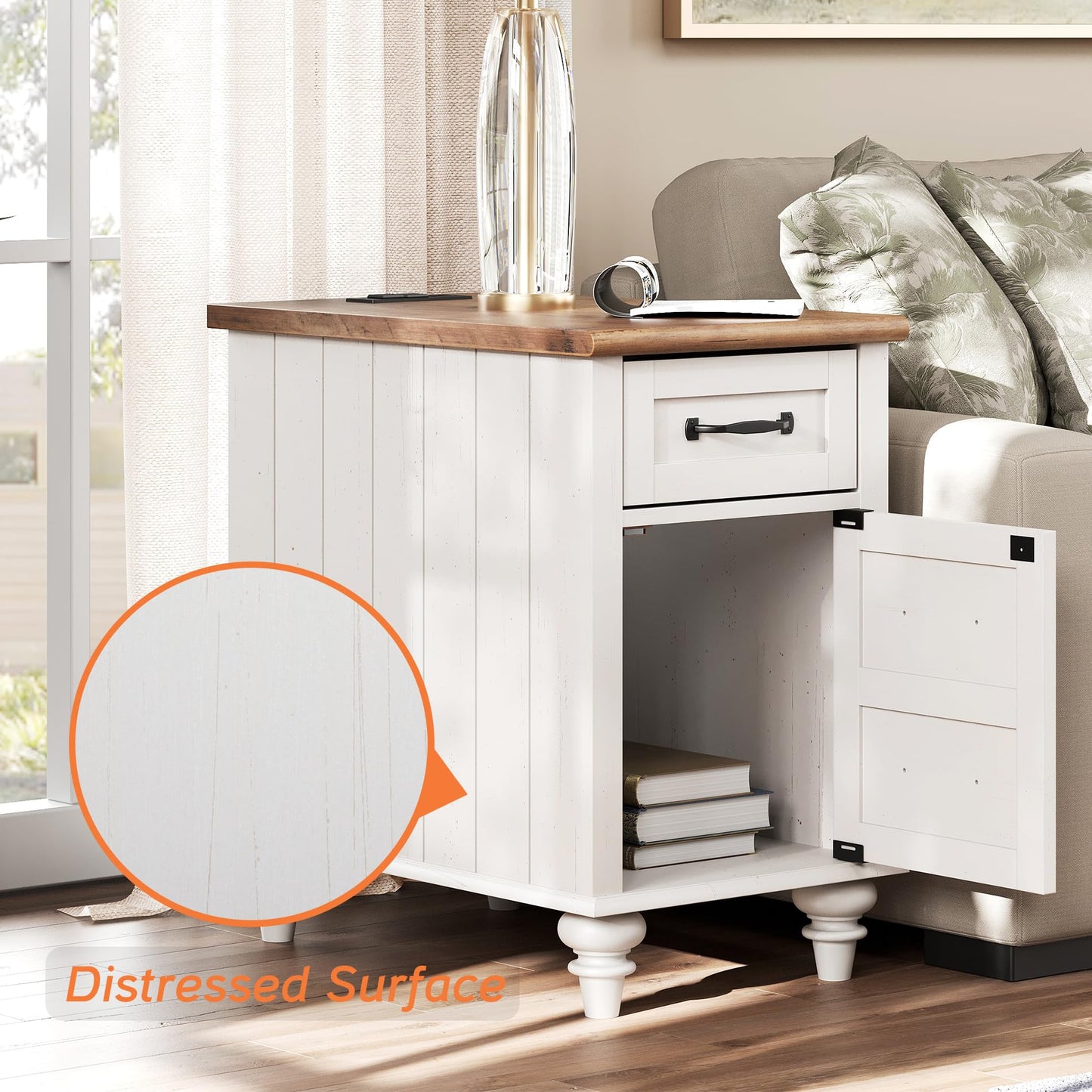 WAMPAT 2 Pack End Tables with Charging Station, White Wood Sofa Side Table with Drawer & Storage Cabinet, Modern Nightstand with Power Outlets & USB Ports for Living Room, Bedroom