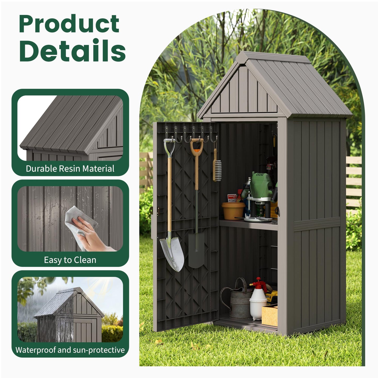 Bifanuo Deck Box Storage Shed Outdoor Storage Cabinet, Vertical Waterproof Resin Material Plastic Shed with Removable Shelves, 12 Hooks and Lock Ring for Garden, Pool and Patio (Grey)