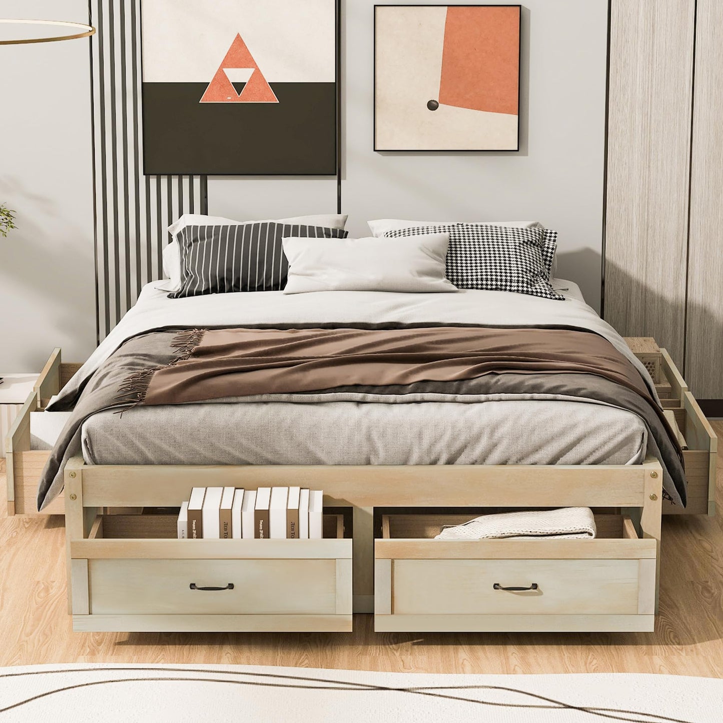 Ball & Cast Queen Size Bed Frame,Wooden Platform Bed with 6 Storage Drawers and Solid Wood Slats Support,No Box Spring Needed,Easy Assembly,Antique Natural