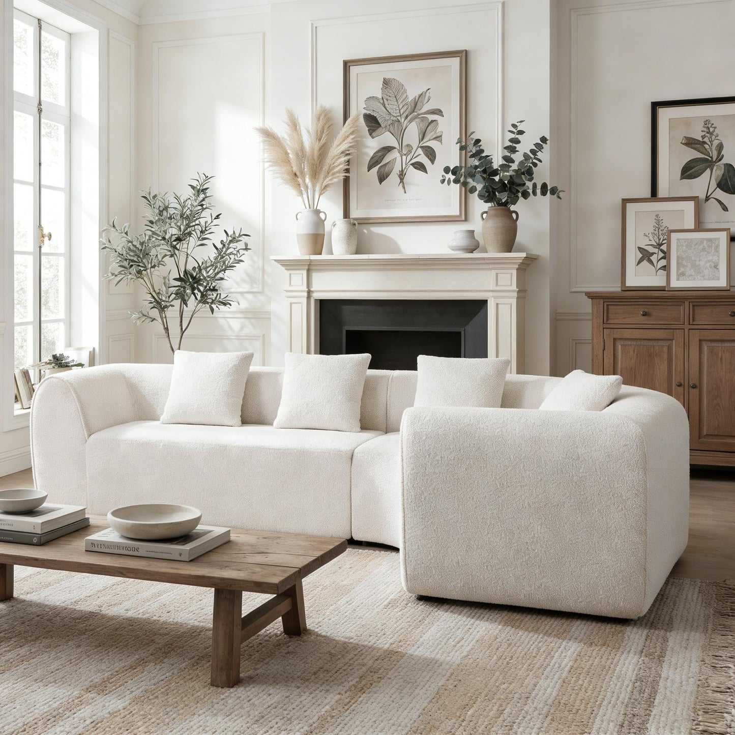 Christopher Knight Home Reiss 110" Curved Modular Sectional Sofa, Comfy Sofa Couch with Chaise Lounge, Modern Cloud Couch with Deep Seat, Fabric Upholstered Set for Living Room Bedroom, Almond