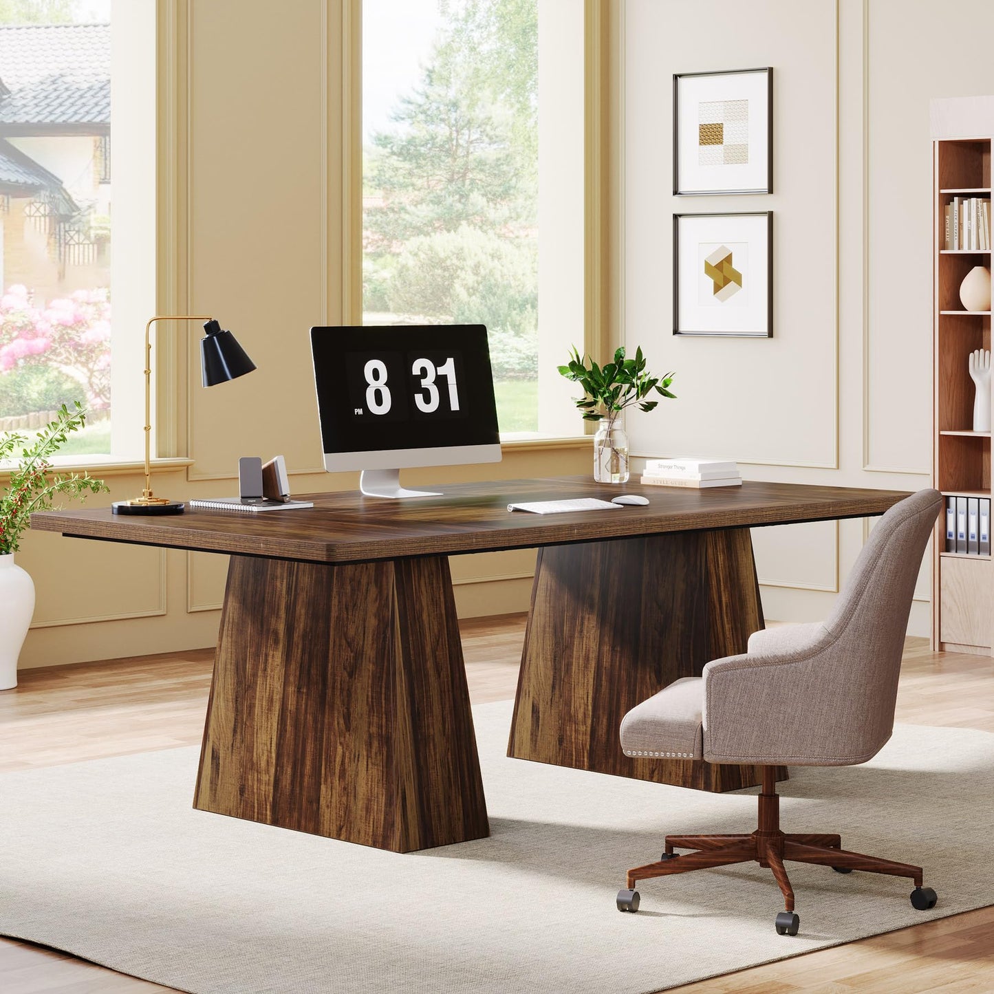 Tribesigns 63-Inch Executive Desk, Large Office Computer Desk with Double Pedestal, Modern Simple Workstations Writing Table Conference Table Business Furniture for Home Office, Rustic Brown
