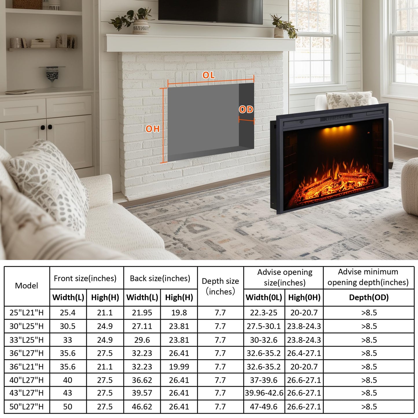 Valuxhome Electric Fireplace Heater Insert with Overheating Protection, Fire Crackling Sound, Remote Control, 750/1500W, Black, 43" L * 27" H