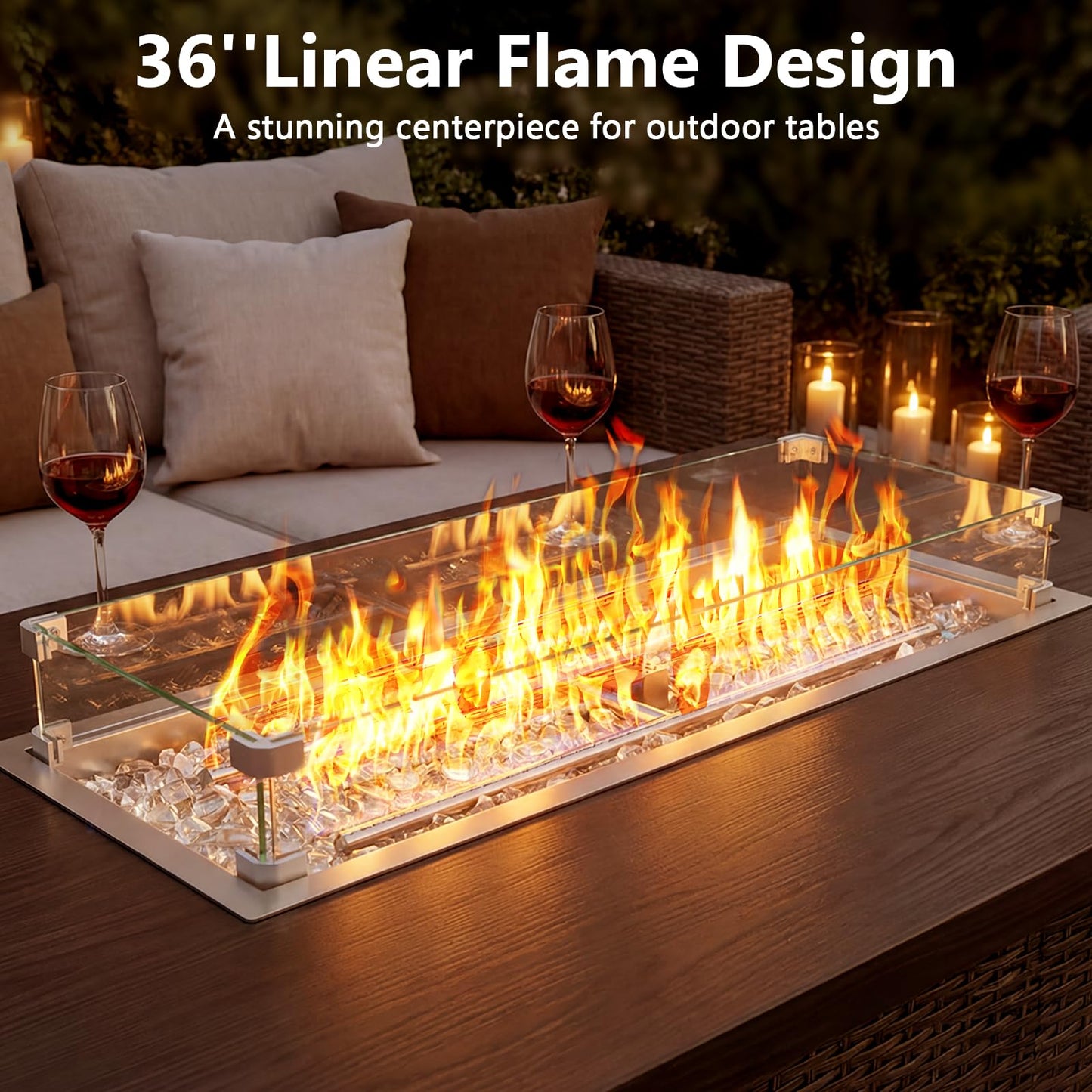 GRISUN Upgraded 36" x 12" Drop-in Fire Pit Burner Kit, Gas Fire Pit Kit with Glass Wind Guard & Lid, Linear Fire Pit Pan Insert with Spark Ignition for Fire Pit Tables
