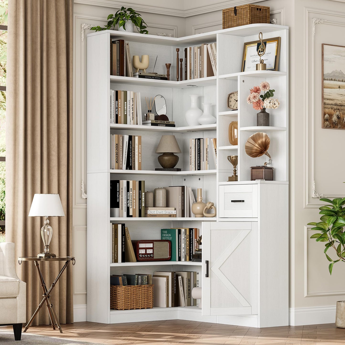Garvee 74'' Tall Corner Bookshelf - 6-Tier Book Shelf with Drawer and Cabinets, l-Shaped Bookcase Open Storage Shelves Modern Display Shelf for Home, Office