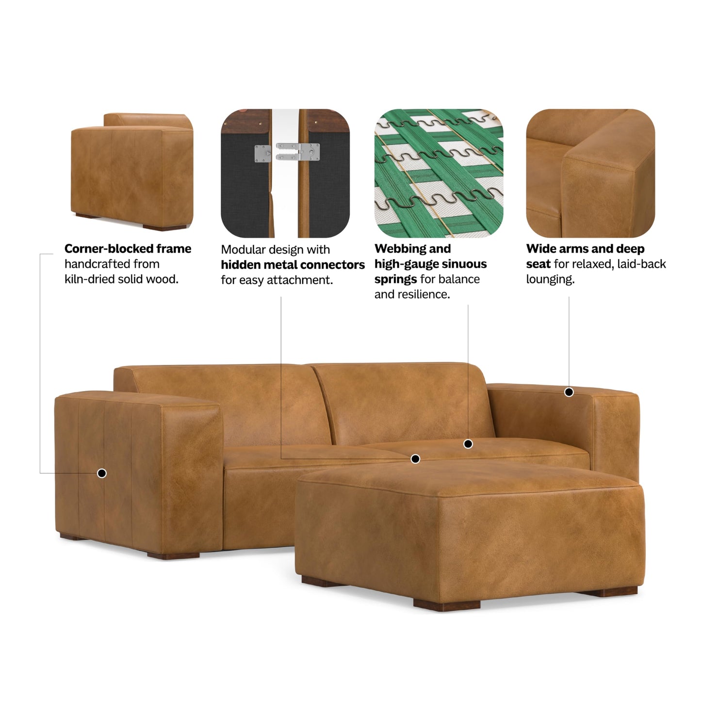 SIMPLIHOME Rex Modular Sofa and Ottoman Set in Full-Grain Genuine Leather, Sienna, 88-inch-Wide 2-Seater Leather Couch and Matching 34-inch-Wide Table Ottoman for Living Room