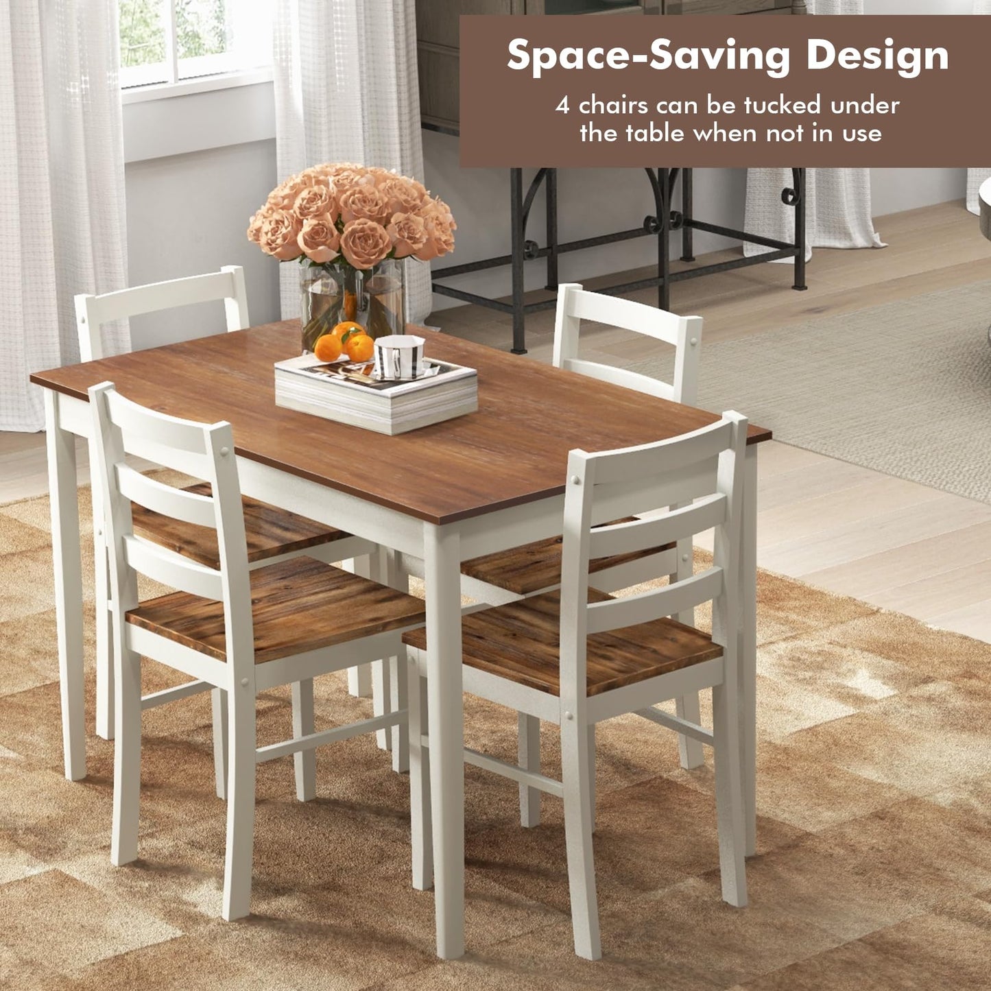 Giantex 5-Piece Dining Table Set for 4, 45" Rectangular Kitchen Table and Chairs Set with Solid Rubber Wood Legs, Space Saving Dinette Set for Small Space, Breakfast Nook, Restaurant (Rustic Brown)