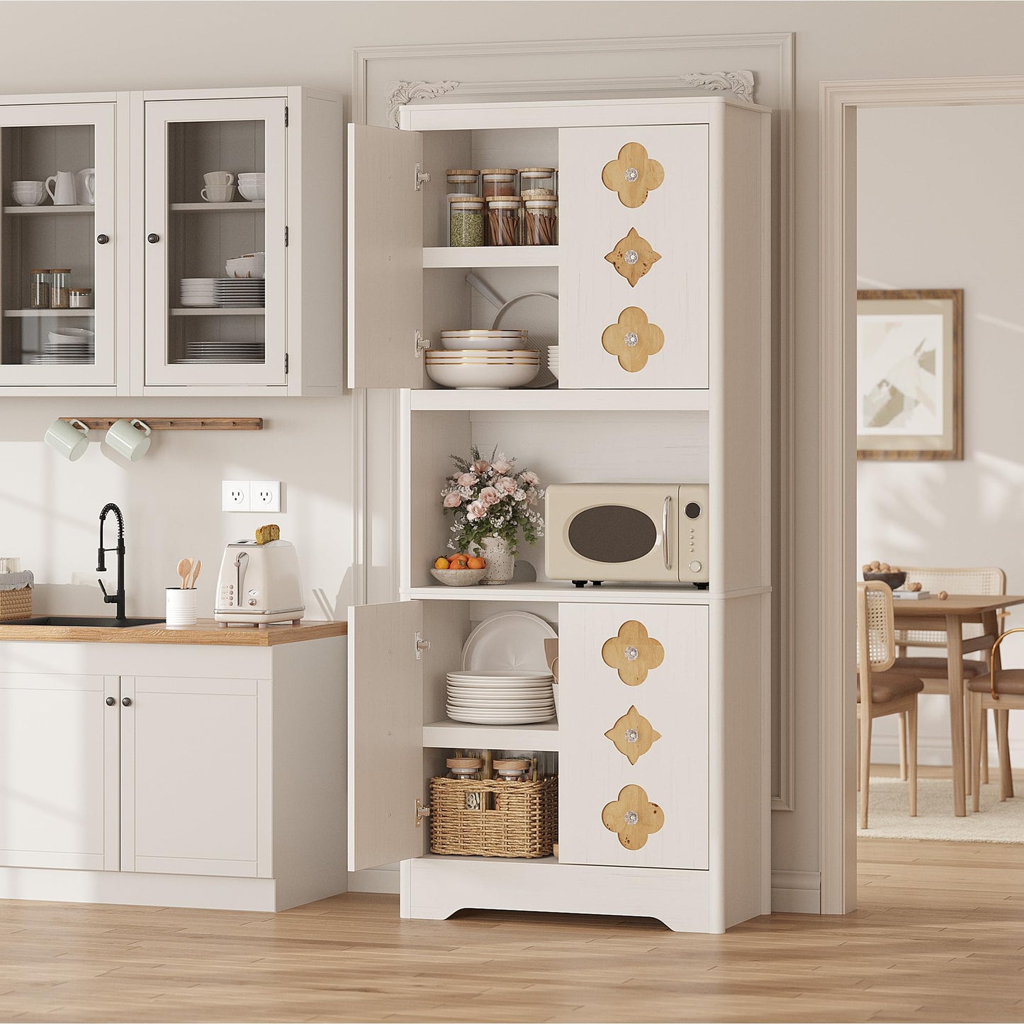GarveeHome 72" Tall Kitchen Pantry Storage Cabinet, 4 Door with Carved Design and Shelf for Microwave, Freestanding Wooden Cupboard with Crystal Handle, for Dining Living Room, Antique White