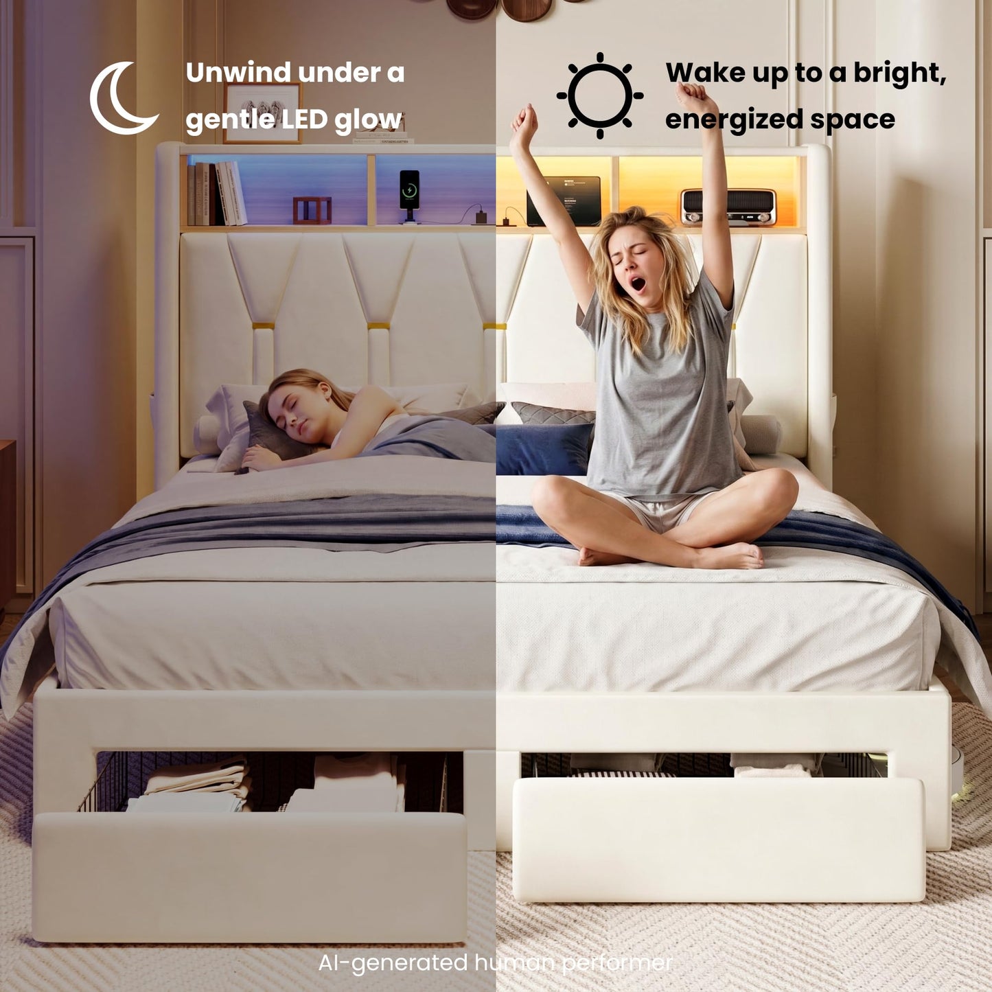 SHA CERLIN Queen Velvet Platform Bed Frame with 2 Storage Drawers, LED Storage Headboard with Charging Station, Upholstered Wingback Headboard, Noise-Free, No Box Spring Needed, Easy Assembly, White