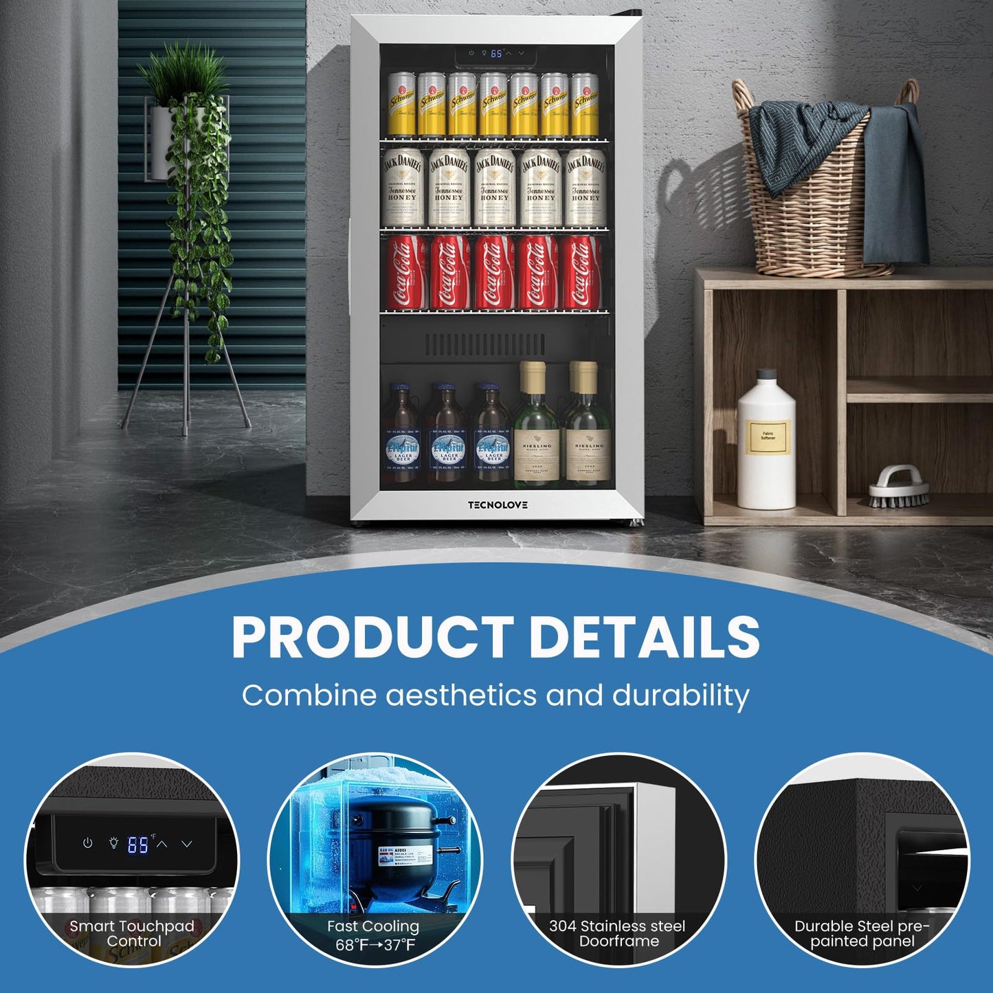 Beverage Refrigerator Cooler,Mini Fridge,Free Standing,123can/3 Cu. Ft,Cools Down To 37 ℉,LED Touchscreen Digital Temp Control,Under Counter,Double-layer Glass Door,Adjustable Shelves,Stainless Steel