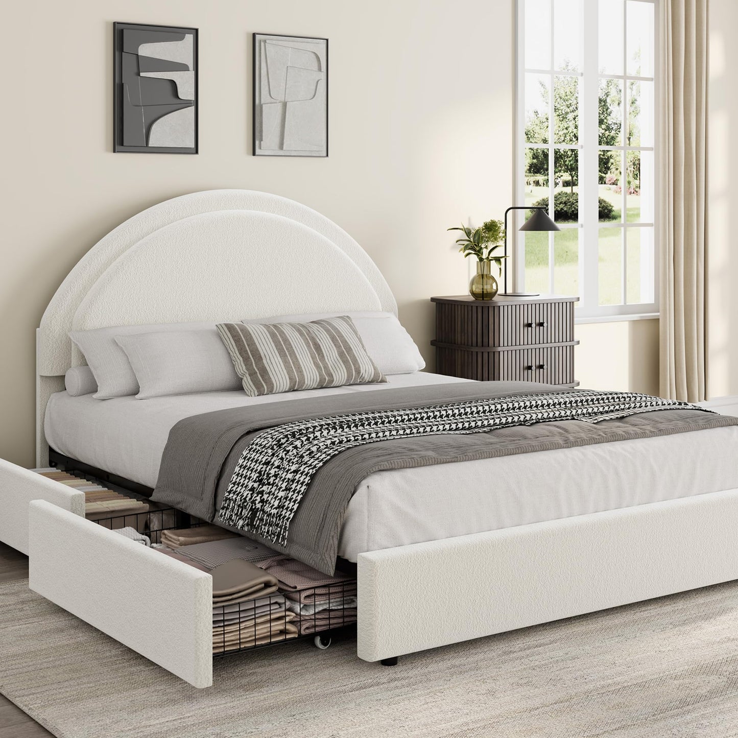 Garvee Full Size Bed Frame with Storage Drawers, Upholstered Boucle Platform Bed with Round Headboard, Heavy Duty & Noise Free, No Box Spring Needed, White