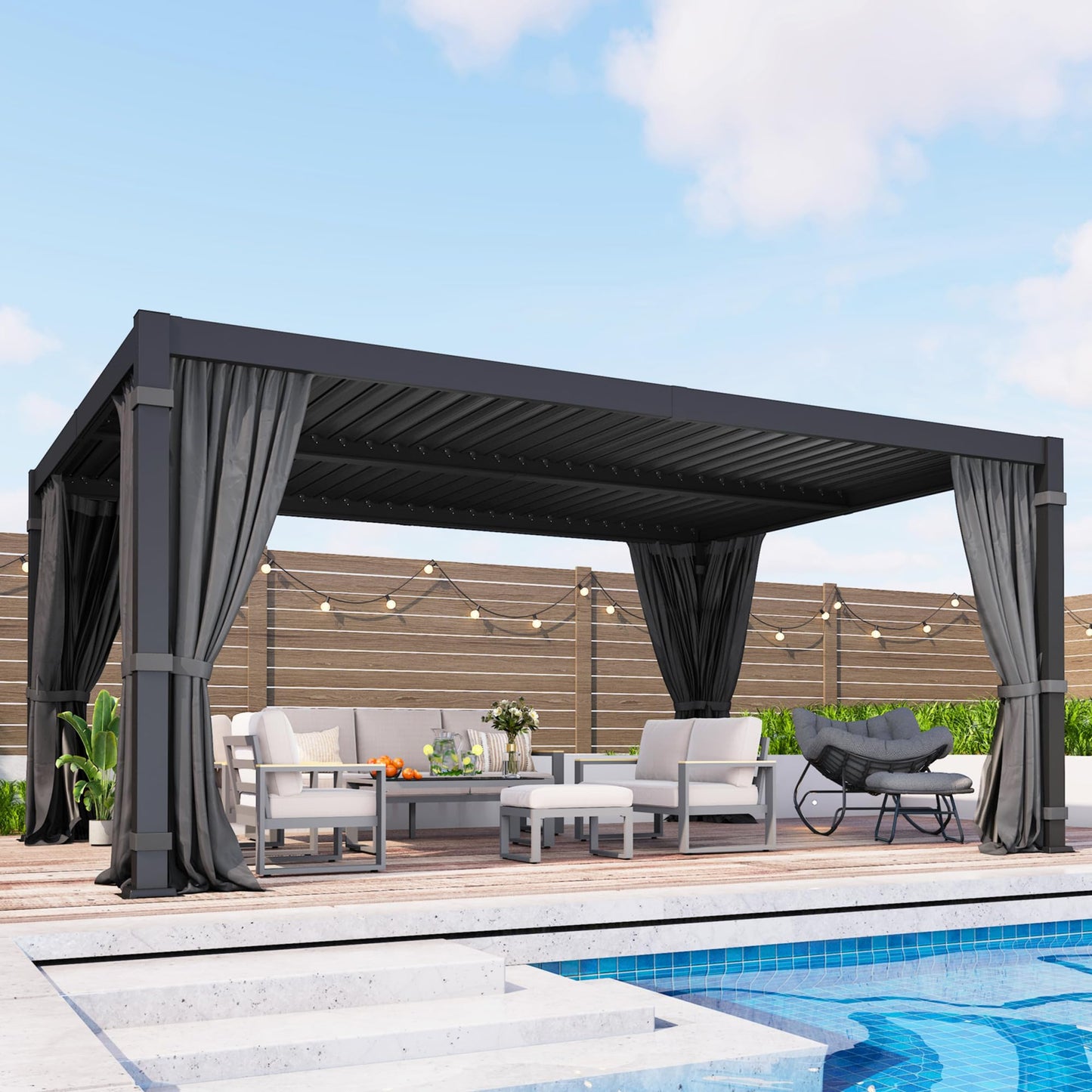 12' x 16' Louvered Pergola, Metal Outdoor Pergola with Adjustable Louvered Roof, Curtains & Netting, Gutter System, Hardtop Patio Gazebo for Patio, Deck, Garden, Yard, Dark Gray