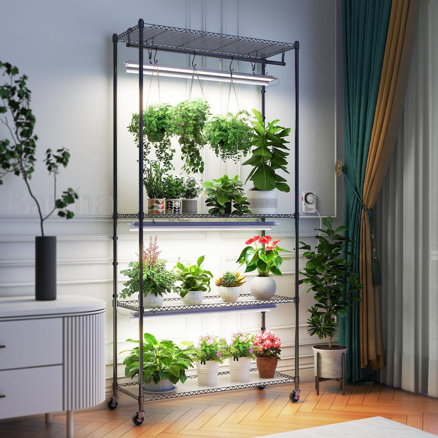 Barrina CX3 Plant Stand with Grow Light, 4-Tier, 3FT 5000K, 108W Full Spectrum Indoor DIY Plant Shelf with Lights, Flower Pot Display Rack, Greenhouse, Wheel, Mechanical Timer, 35.4"x13.8"x70.9"