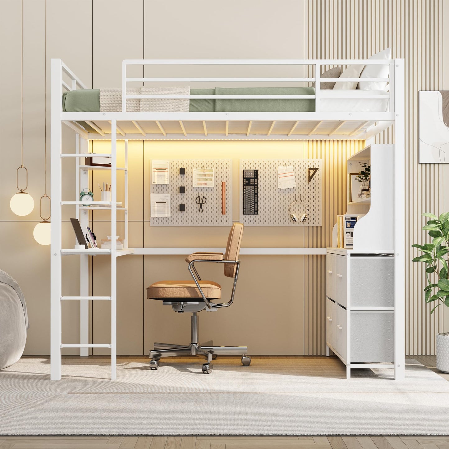 Twin Size Loft Bed with Desk, 4 Large Fabric Drawers and Open Shelves, Heavy Duty Metal Loft Bed with LED Lights, Power Outlets, Safety Guardrails & Ladder, Space Saving, No Box Spring Needed, White