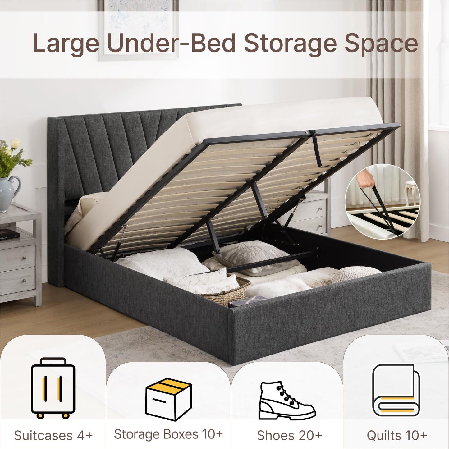 KISLOT Queen Size Lift Up Storage Bed Frame, Modern Hydraulic Support Platform Bed Wingback Velvet Headboard Sturdy Wooden Slat Support No Box Spring Needed