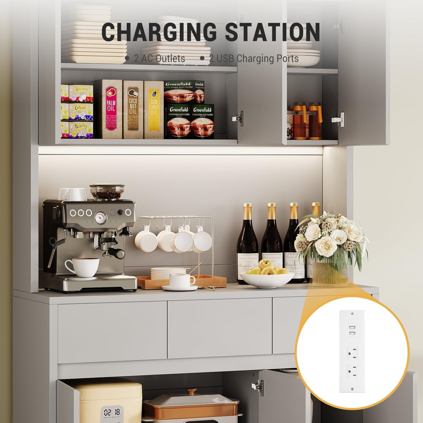 71" Kitchen Pantry Cabinet,Tall Storage Cabinet with Doors & Shelves Adjustable, Kitchen Storage Hutch with Microwave Shelf,Coffee Bar,Led Lights&Charging Station,Corner Pantry Cabinet for Living Room