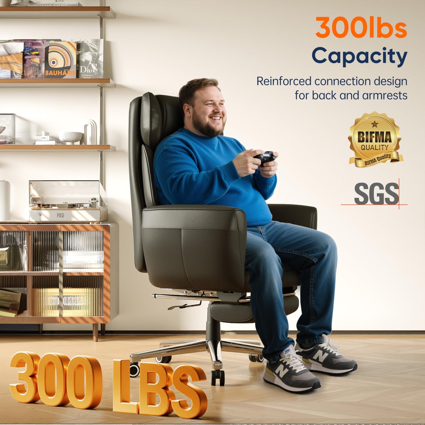 GABRYLLY Criss Cross Chair with Footrest, Big and Tall Office Chair - Wide Seat, Reversible Armrests, 120°Tilt, 400LBS Heavy-Duty Executive Leather Chair for Working, Gaming & Meditation, Grey