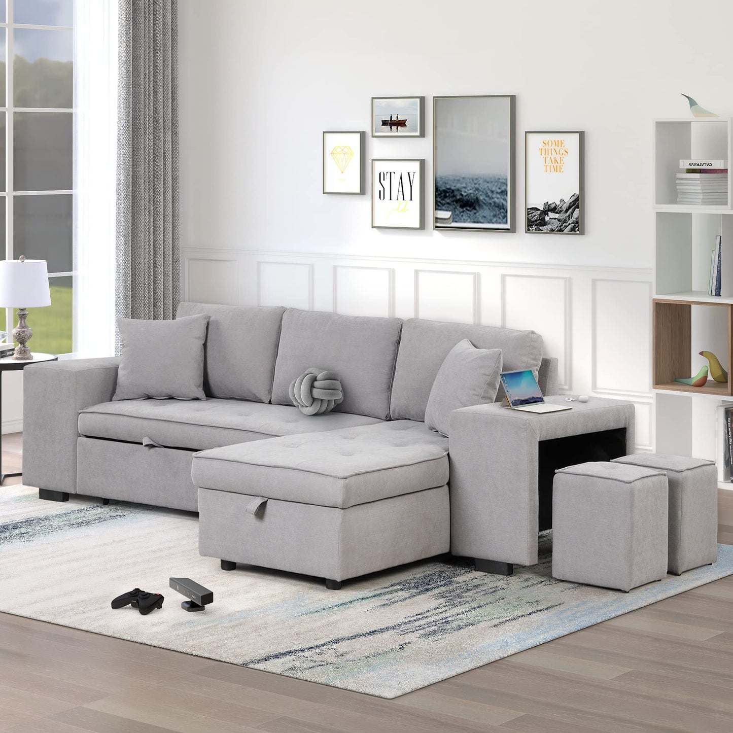 Merax Sleeper Sofa Bed with Reversible Storage Chaise Lounge and 2 Storage Ottoman, L-Shape Couch for Living Room