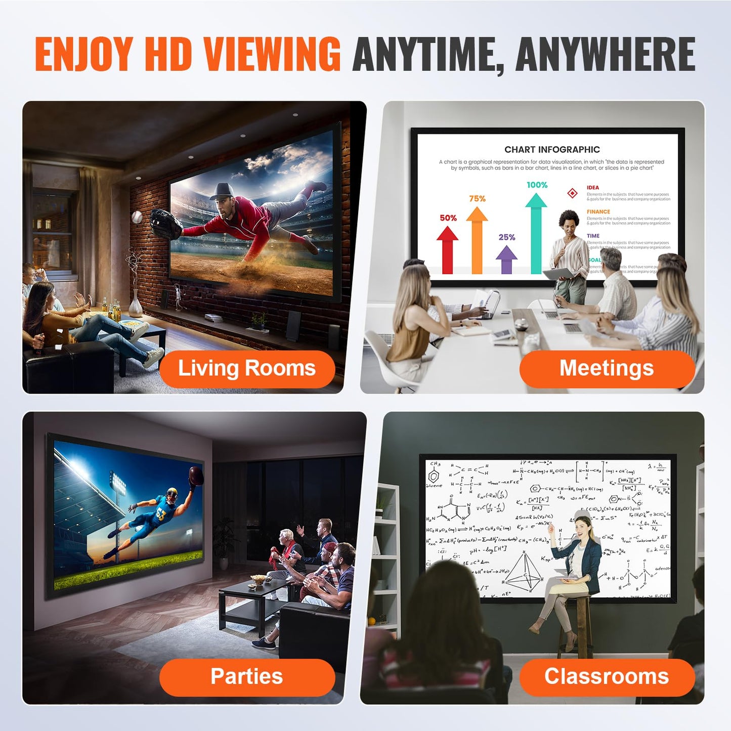 VEVOR Projector Screen 155inch Outdoor Projector Screen 16:9 Movie Screen Fixed Frame 3D Projector Screen for 4K HDTV Movie Theater