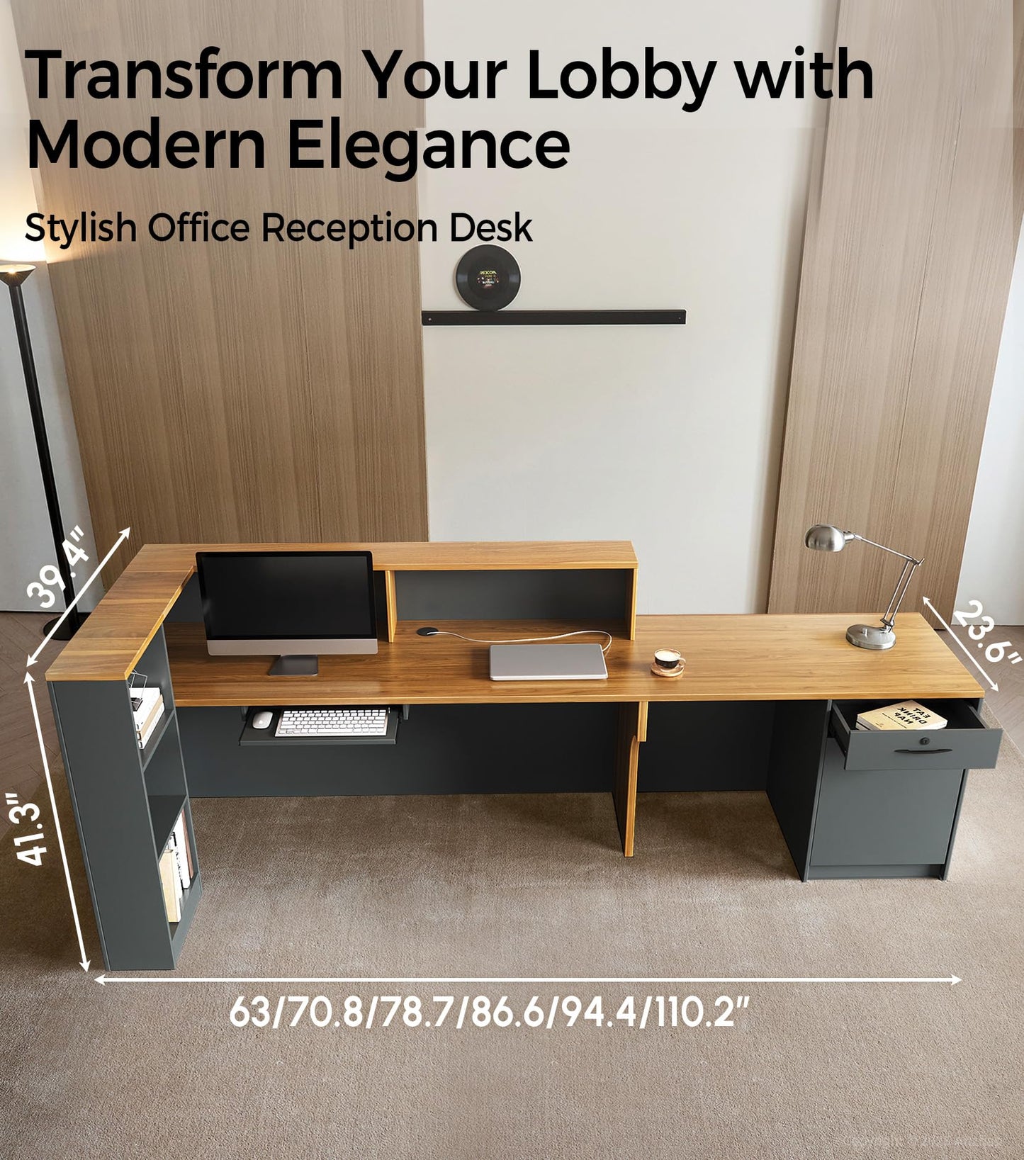 Modern L-Shaped Reception Desk with Counter - 87 inch Front Desk with Storage Cabinet, Open Shelves, Lockable Drawer & Keyboard Tray for Office, Lobby, Checkout (Dark Walnut & Iron Gray - Left)