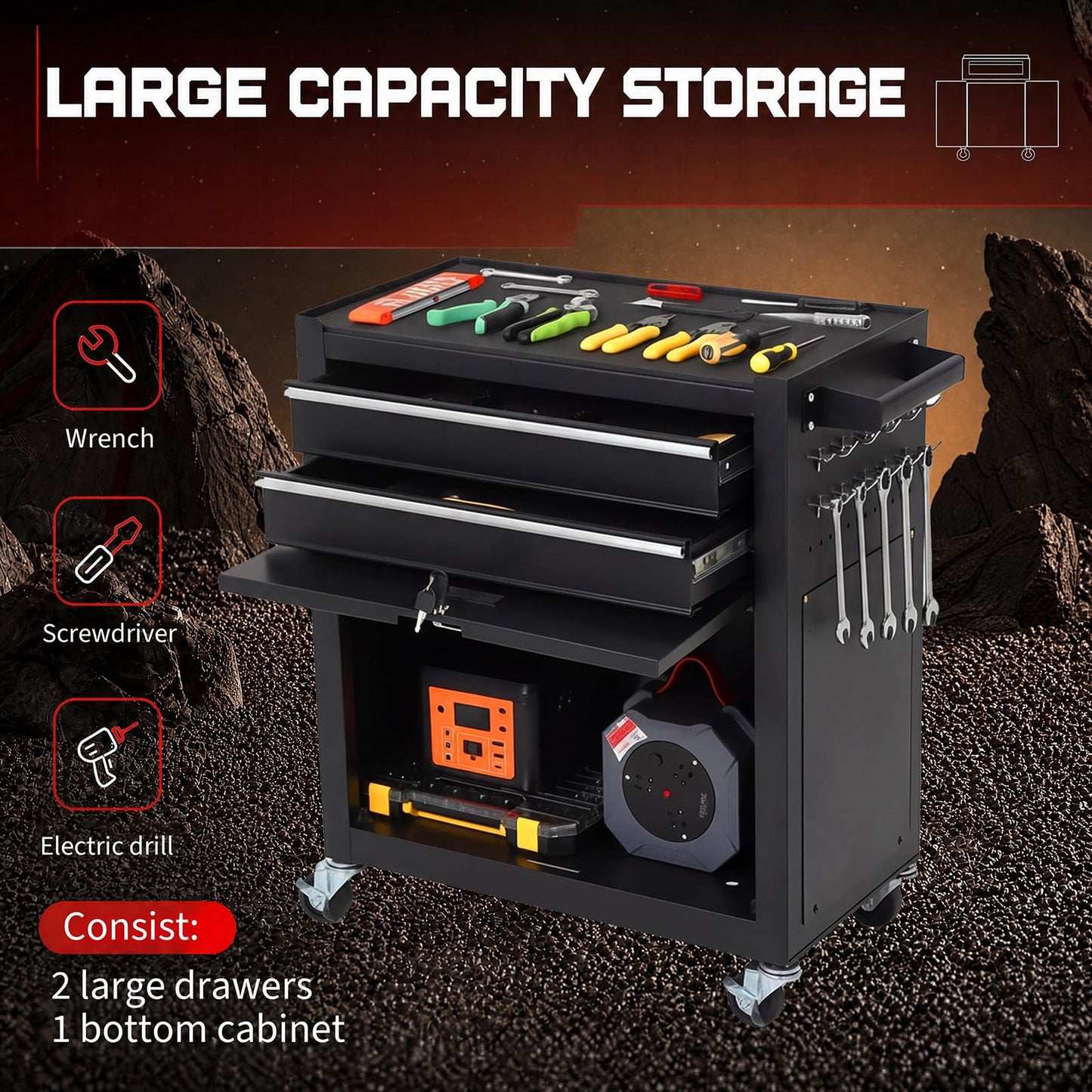 8-Drawer 2-in-1 Rolling Tool Cart with Lock Detachable Top Box - Black
