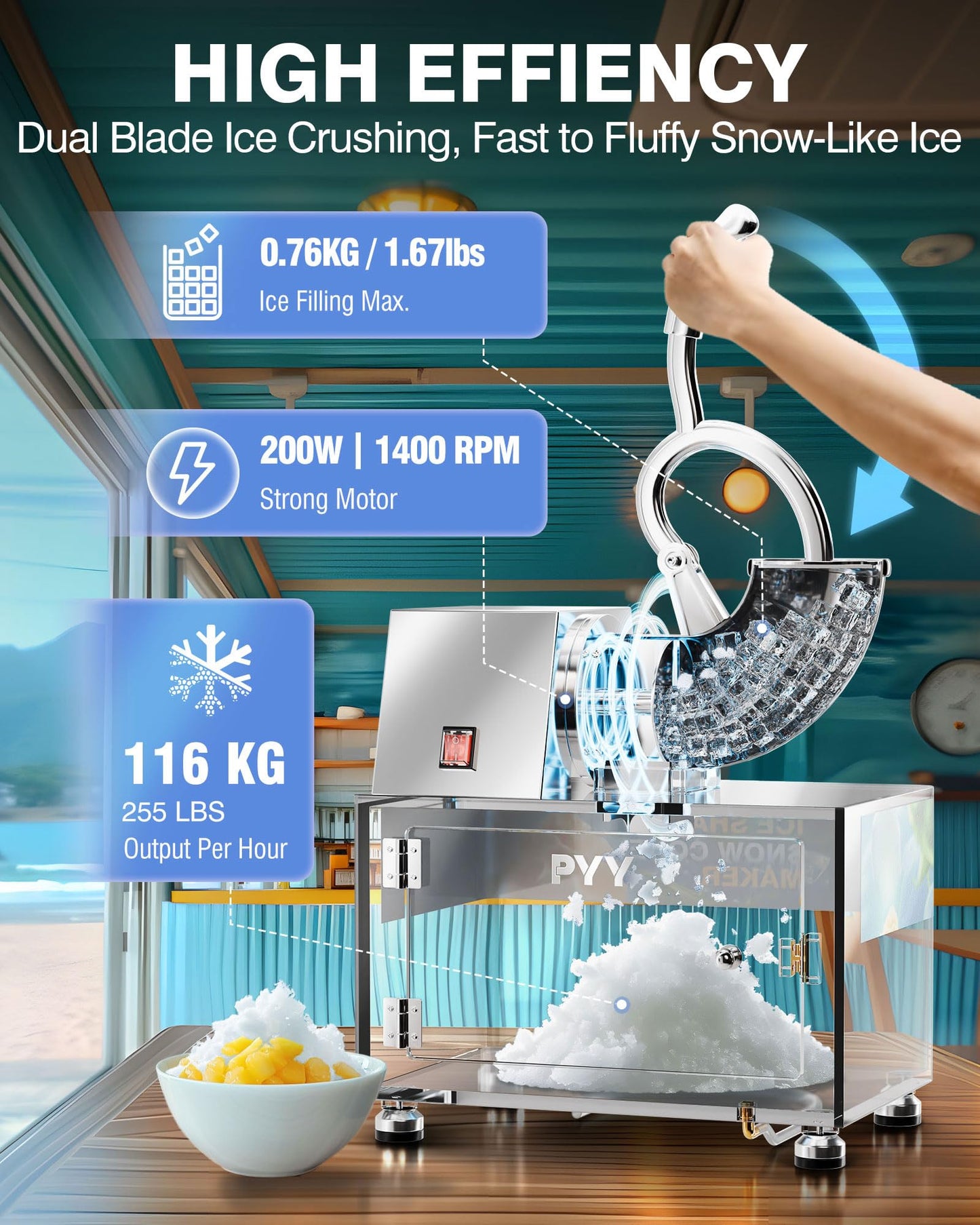 PYY Snow Cone Machine - Commercial Ice Crusher Shaver, Electric Crushed Shaved Snowcone Maker, Stainless Steel Full Body, Dual Blades, Acrylic Box and Drain Pipe, All-Copper Motor 440LBS/H