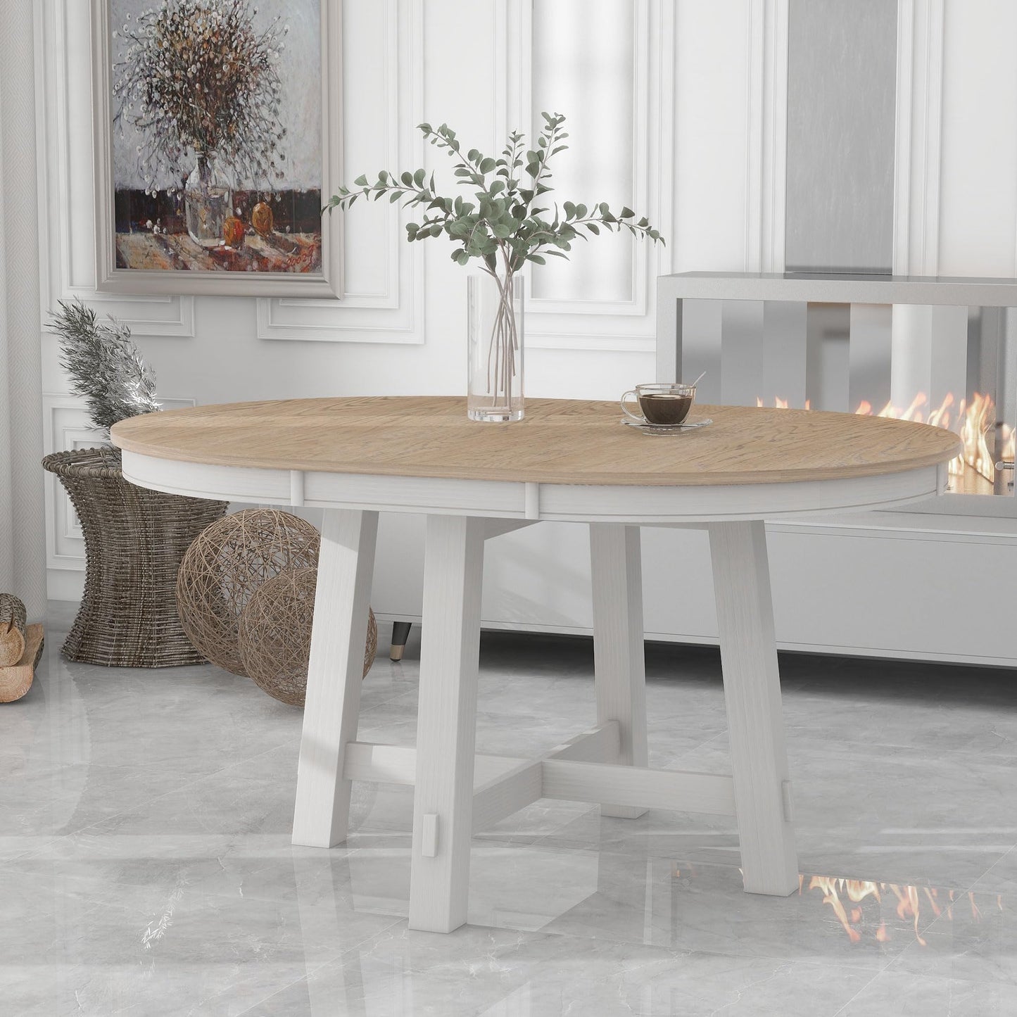 GDFStudio 42"-58" Farmhouse Extendable Dining Table for 4-6, Solid Wood Round Dining Table with 16" Leaf & X-Shaped Base, Kitchen & Dining Room Table, Space Saving, Oak Natural Wood+Antique White
