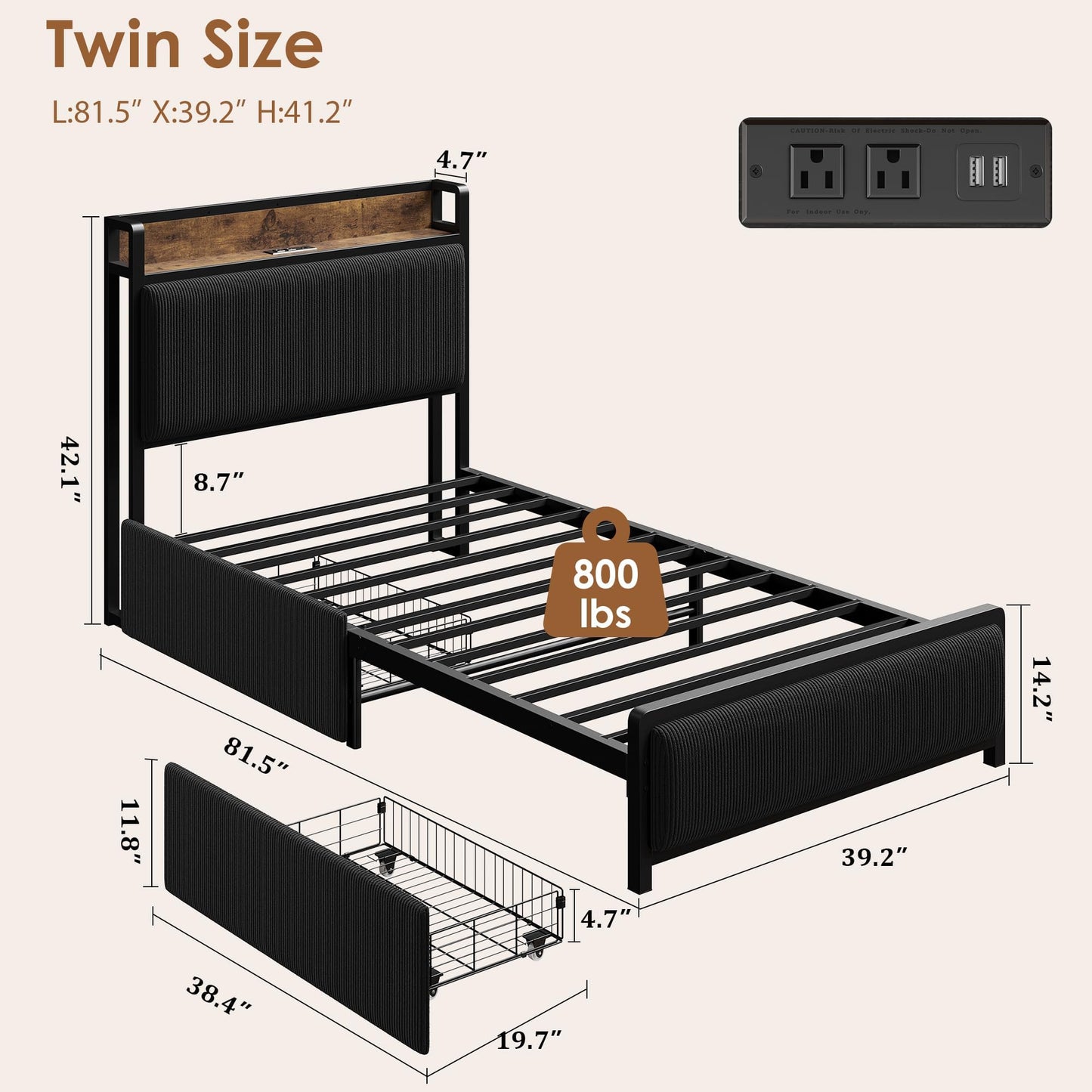 Garvee Twin Size Bed Frame with 2 Storage Drawers and Charging Station, Rustic Linen Upholstered Platform Bedframe with Storage Headboard, No Box Spring Needed, Easy Assembly, Noise Free-Black