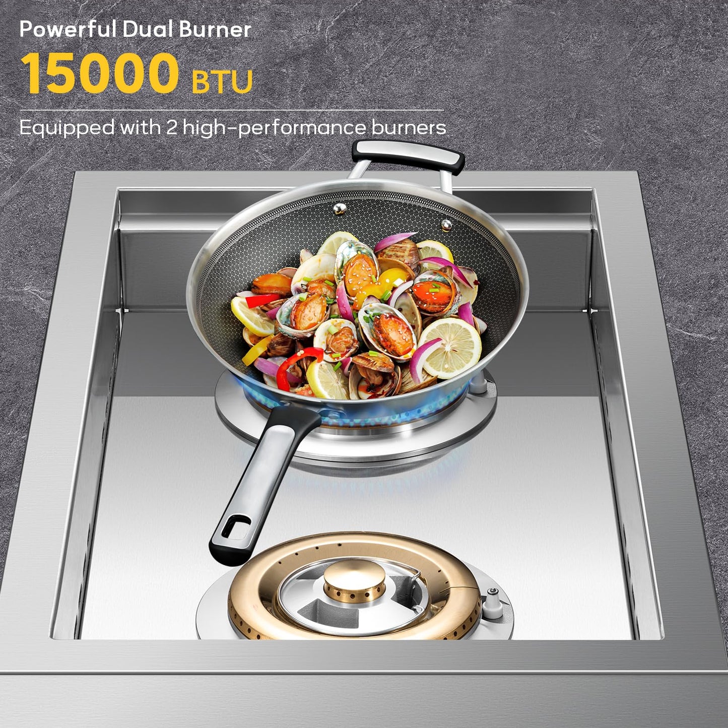 VEPURLT Double Side Burner with 2 x 17,000 BTU LP Gas Grills, Heavy Duty 304 Stainless Steel Built-in Gas Burners for Outdoor BBQ Island Grill Stations (Liquid Propane)