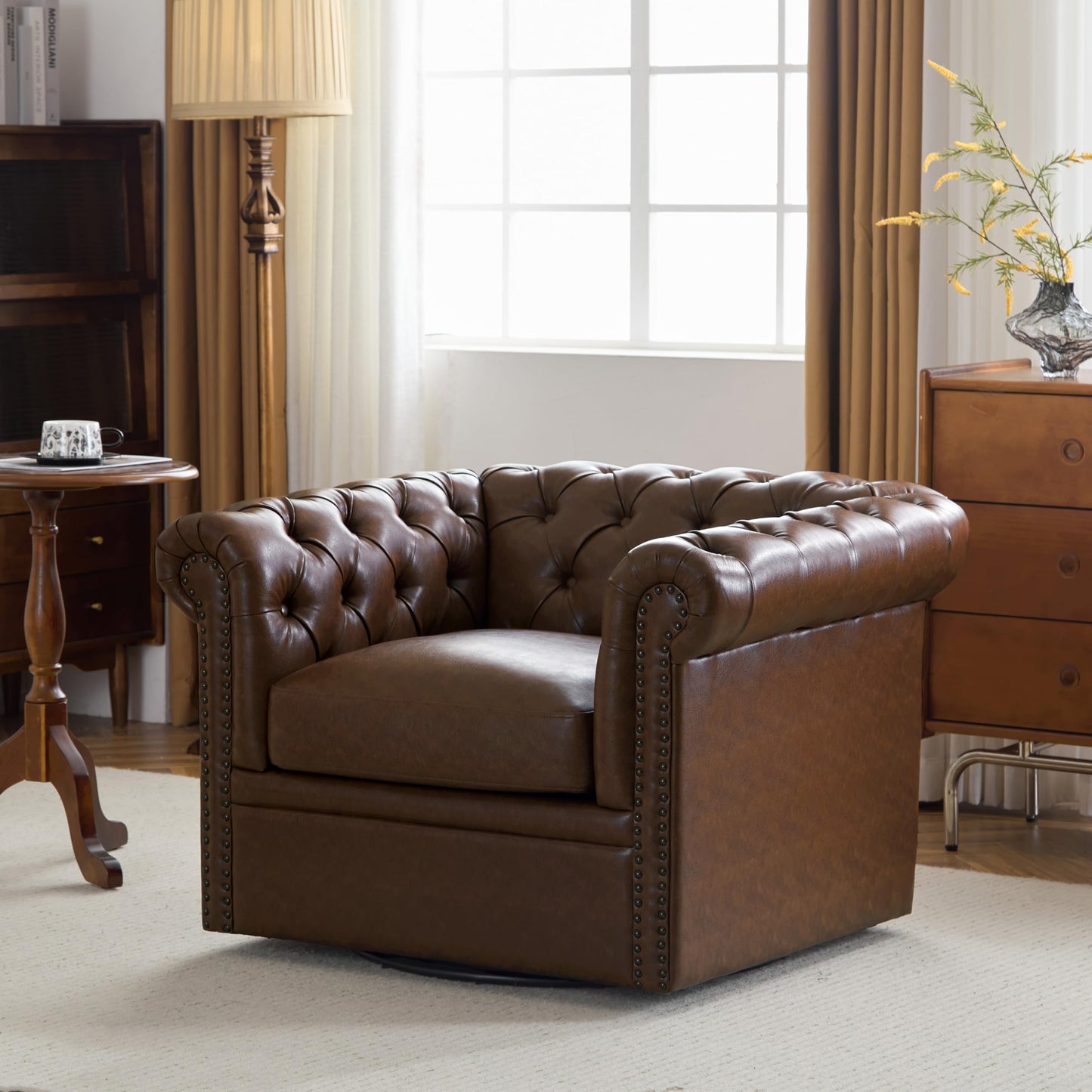 Christopher Knight Home Oakley Chesterfield Faux Leather Upholstered Club Chair, Button-Tufted 360° Swivel Sofa, Scrolled Arm Living Room Sofa, No Assembly Required Furniture, Dark Brown