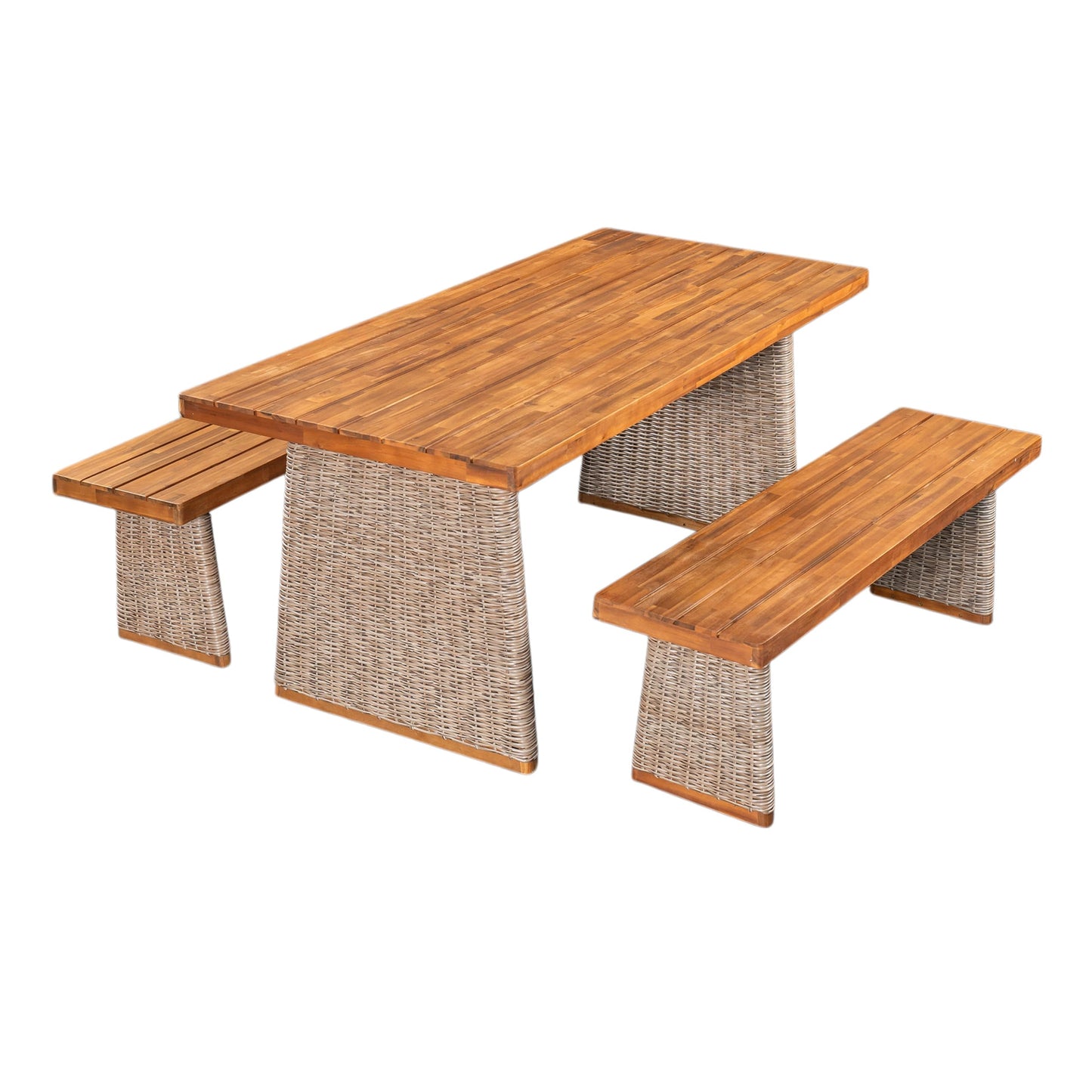 Christopher Knight Home Xavi Patio Acacia Wood Dining Set, Outdoor Side Table and Chairs Set with Slatted Panel Design and Handwoven Rattan Legs, Outdoor Furniture Set for Garden, 3 pcs, Brown + Teak