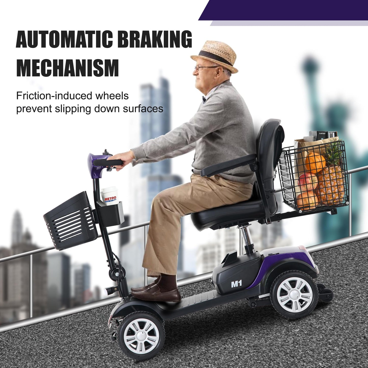 KEIKI 4 Wheel Mobility Scooter Folding Travel Mobility Scooter for Adults, Battery Powered Electric Mobility Scooter w/Baskets, Storage Box, LED Lights, 10 Miles Range & 300Ibs Capacity, Dark Purple