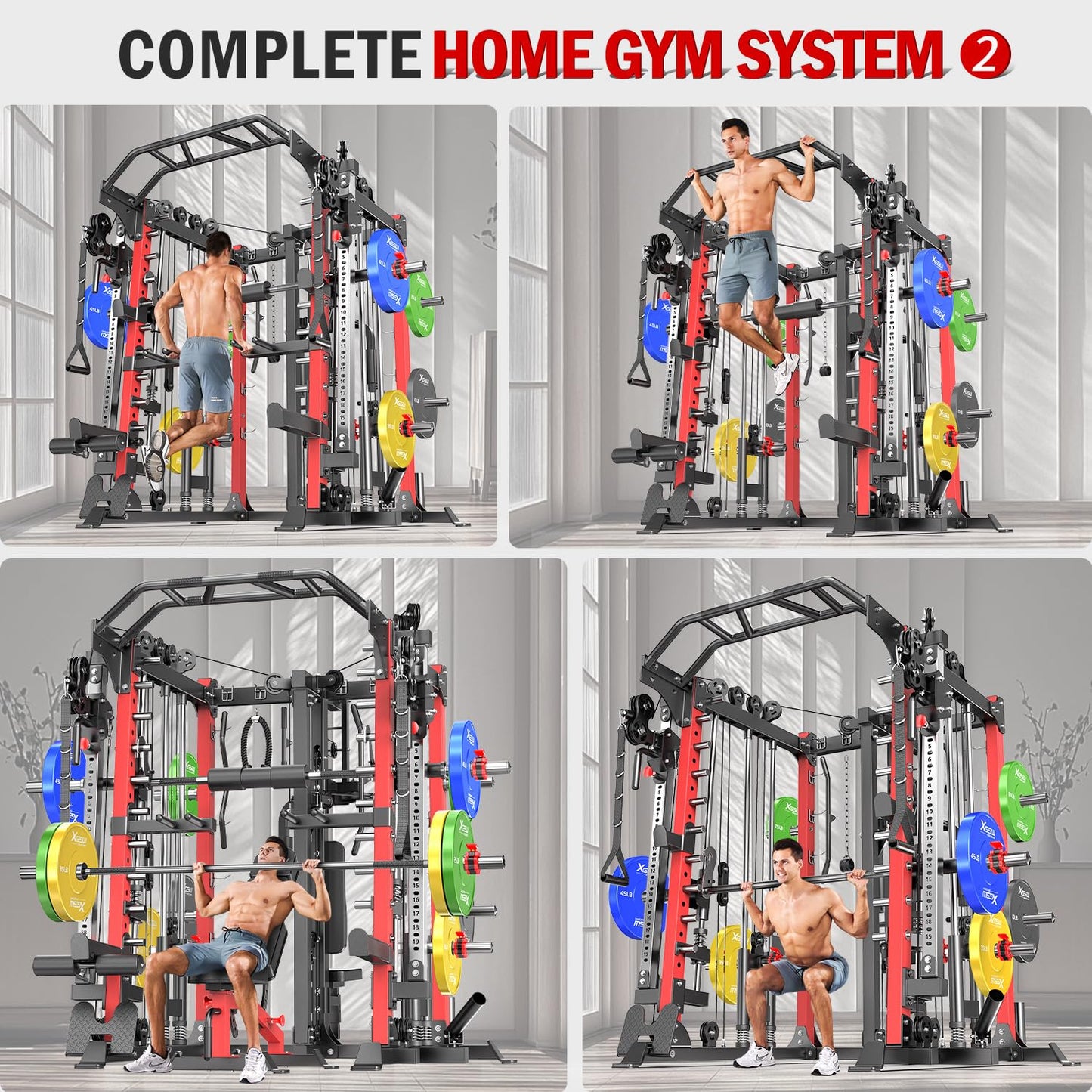 Smith Machine with Cable Crossover System, Multi-Function Squat Rack Power Cage for Home Gym, Power Rack and Packages (Black, L07-Smith Machine)