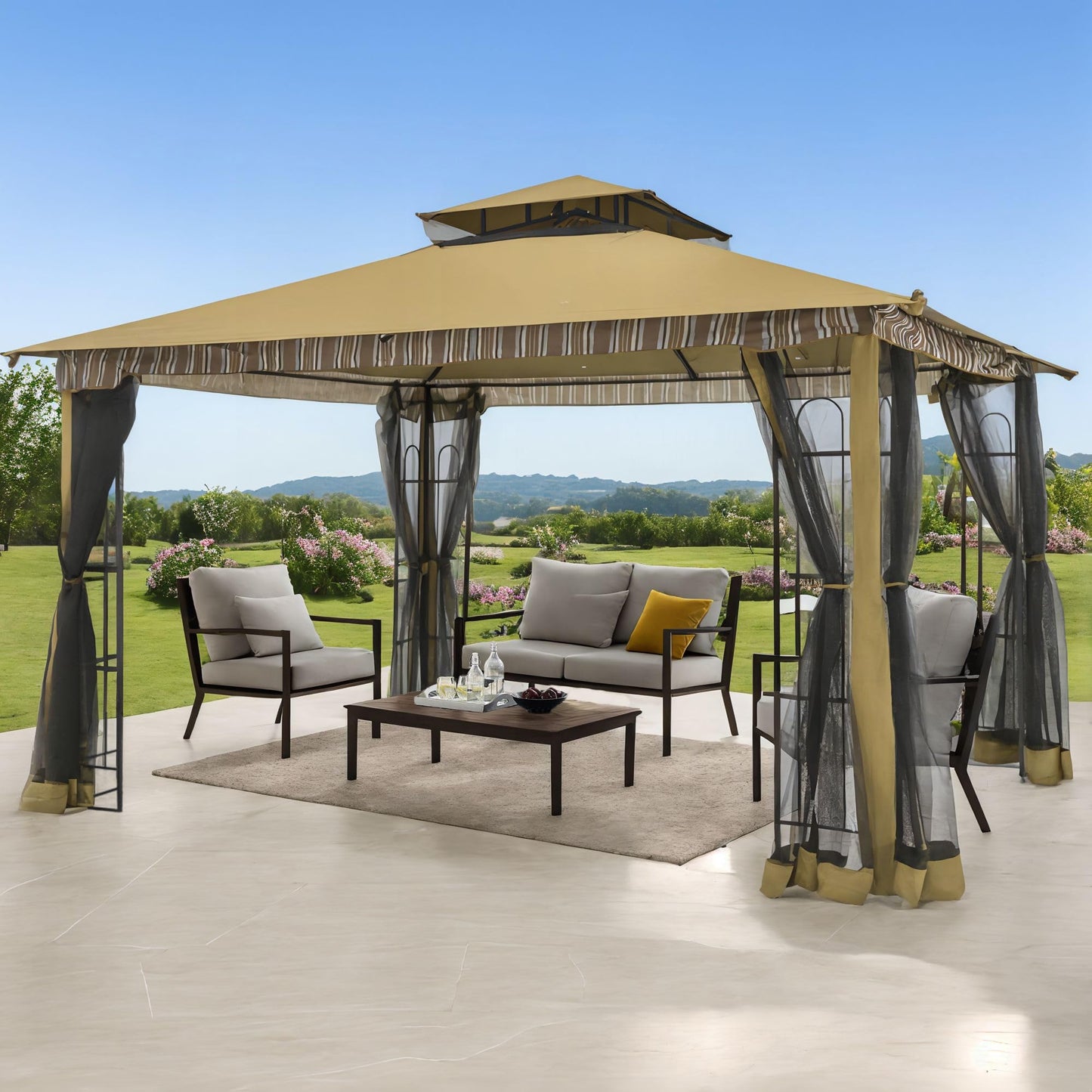 Gardenbee 13x11 Ft Canopy Gazebo with Netting, Double Roof Canopy Shelter with Frame for Outdoors, Patio/Deck/Garden/Yard/Poolside, Dark Beige