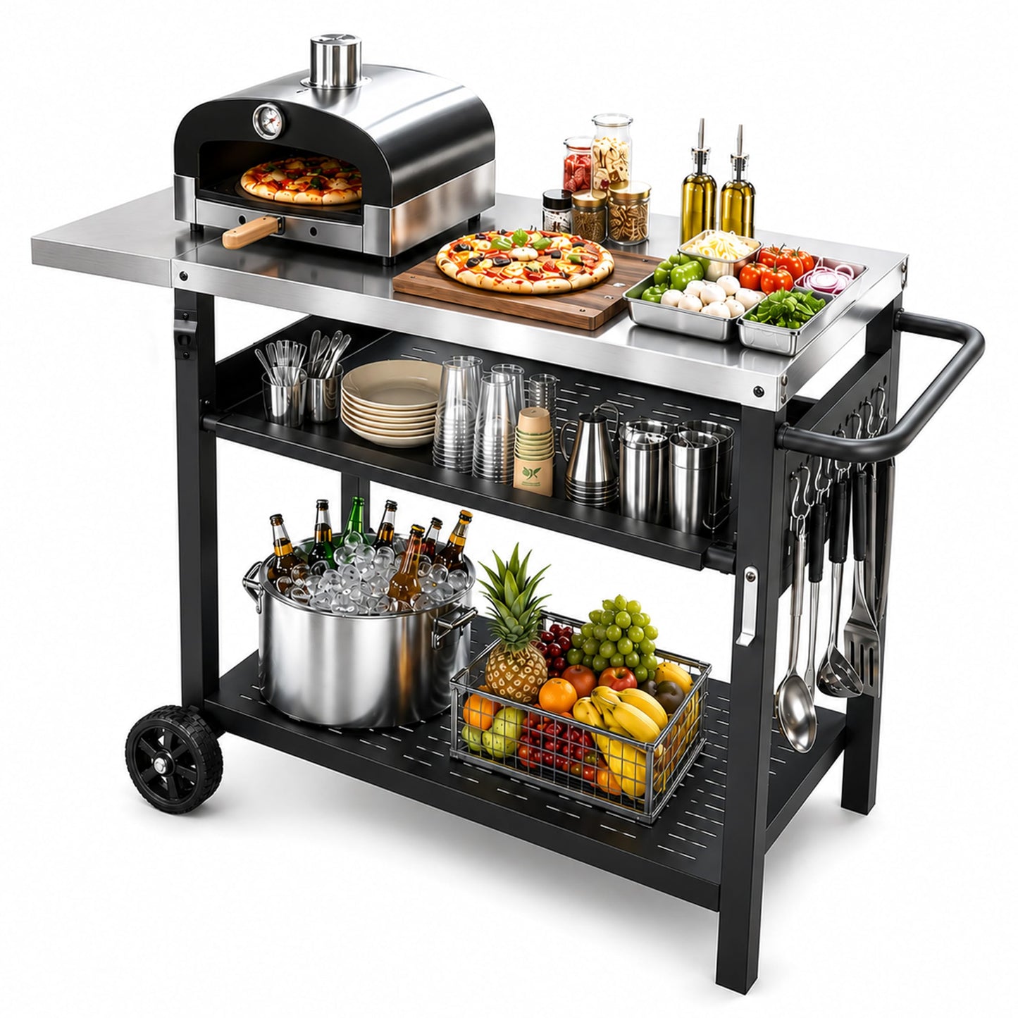 Outdoor Grill Cart for Blackstone/Ooni/Ninja, 43.3"x20" Stainless Steel Outdoor Grill Table with Propane Tank Mount & Wheels, Movable Outdoor Cooking Table with Storage for Pizza Oven, Patio, Camping