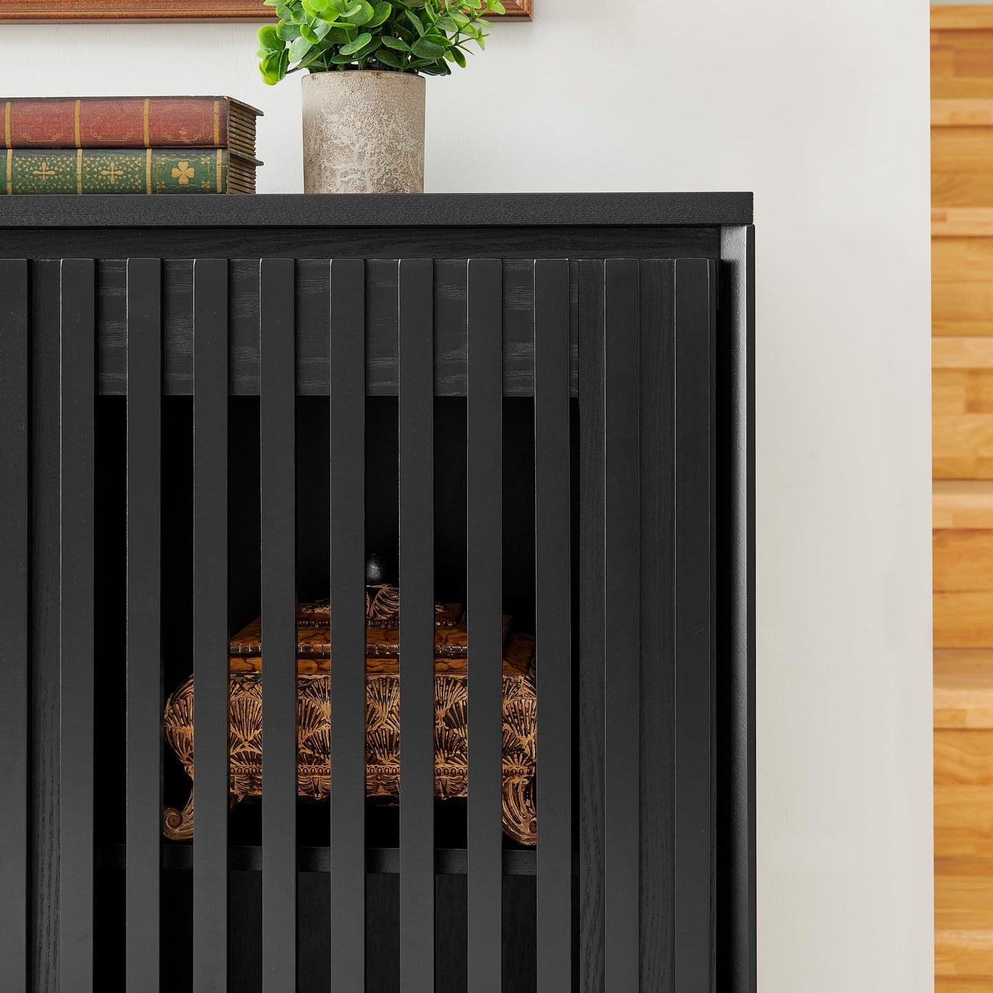 KEIKI 39" Mid Century Modern Fluted Hollowed Out Sideboard Cabinet with 2 Outlet Holes, Buffet Cabinet with Storage, Storage Cabinet for Living Room, Entryway, Hallway, Dining Room, Kitchen, Black