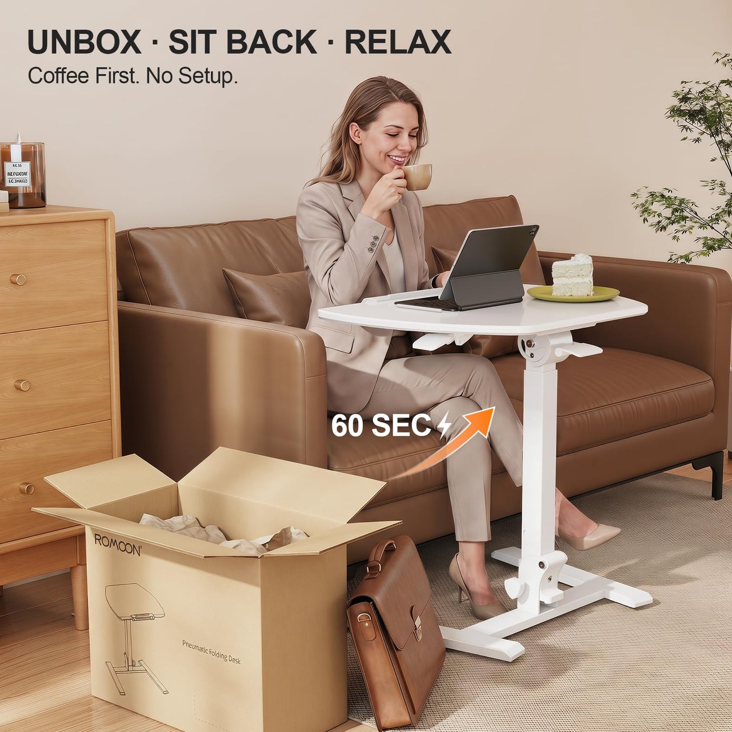 ROMOON Folding Small Standing Desk with Wheels, No-Assembly Portable Sit-Stand Laptop Cart, Adjustable Height Rolling Space Saving Workstation for Home Office, Small Space (White)