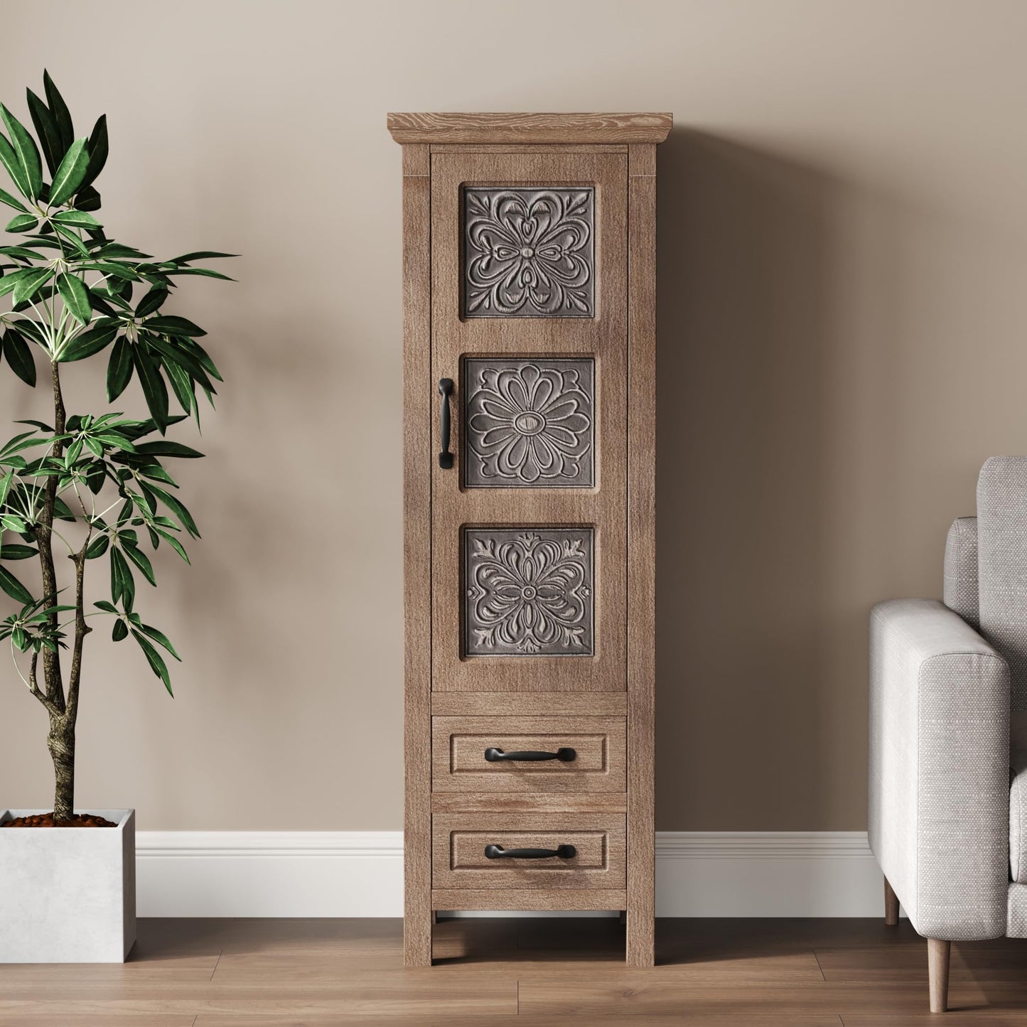 COSIEST 48" Narrow Farmhouse Accent Cabinet, Rustic Wood Storage Tower with 1 Door, 2 Drawers & Adjustable Shelves, Embossed Metal Panel Chest for Small Spaces, Hallway, Kitchen
