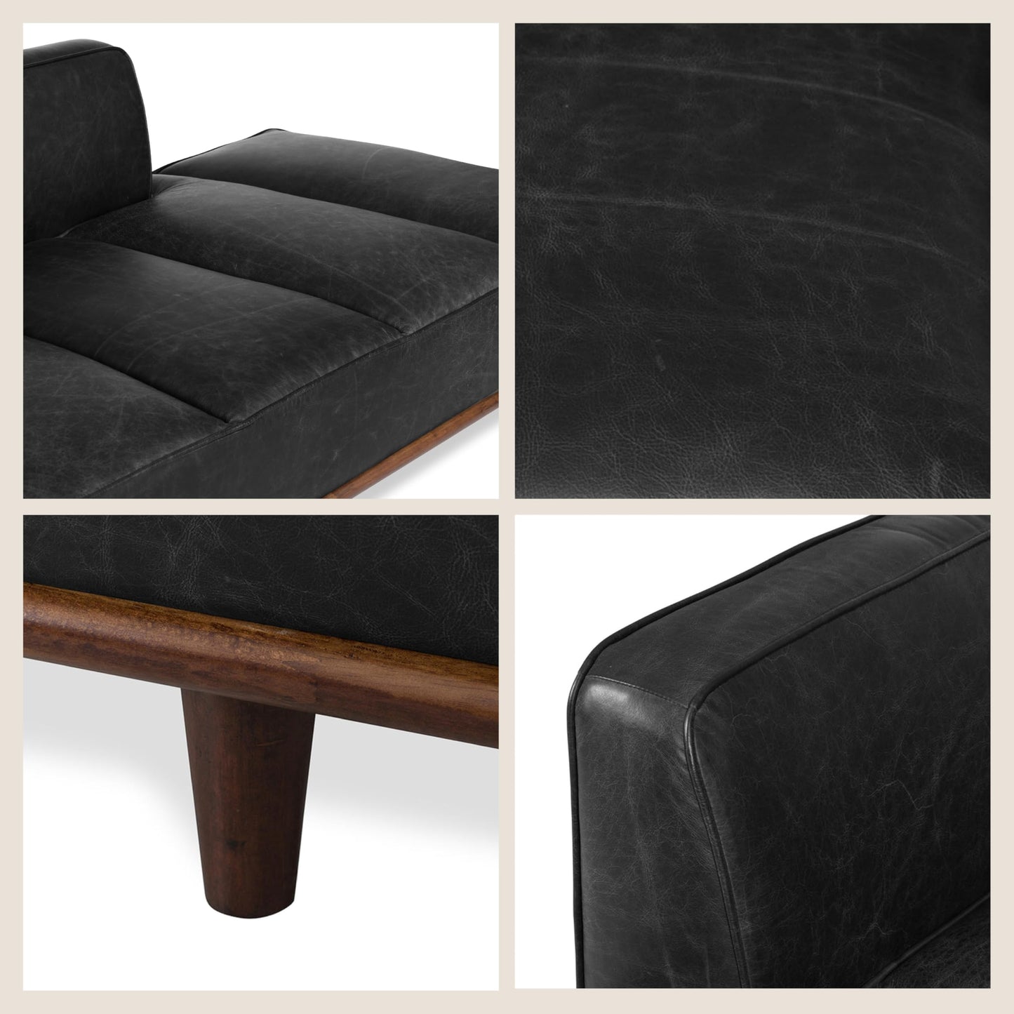 Poly & Bark Jasper Daybed – Onyx Black - Full-Grain Semi-Aniline Leather Upholstery – Walnut-Stained Ash Wood Frame, 6.6 Feet – Modern Daybed for Living Room or Guest Space– Minimal Assembly