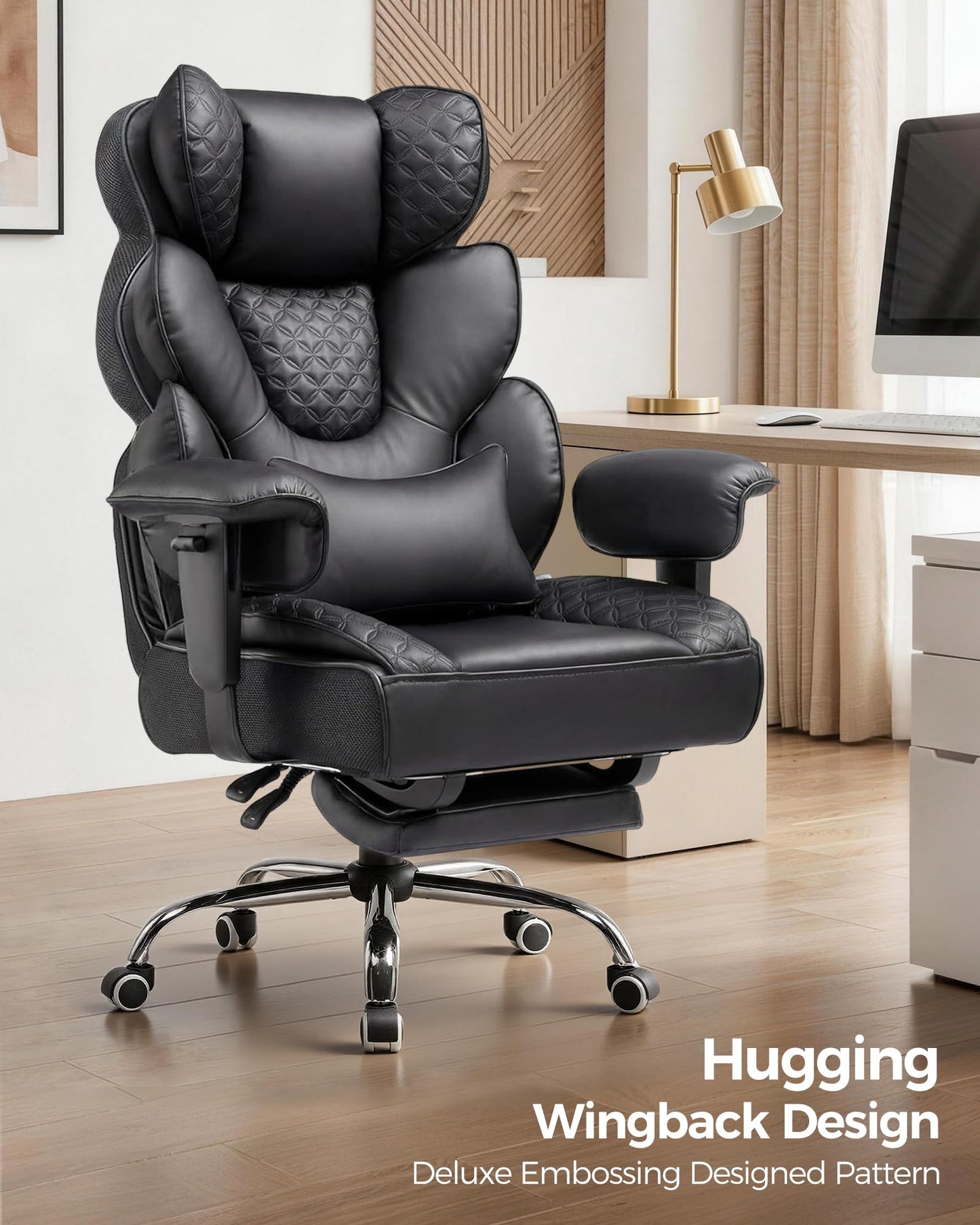 COMHOMA Big and Tall Office Chair with Upgrade Footrest, Heavy Duty Gaming Chair High Back Executive Chair with Spring Lumbar Support for Lower Back Pain Relief, 150°Reclining Adjustable Armrests