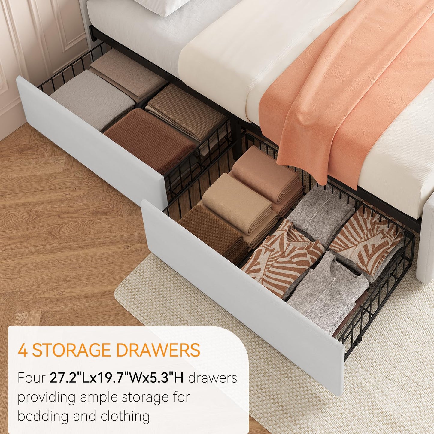 GarveeHome Full Size Bed Frame with 4 Storage Drawers and Headboard, Faux Leather Upholstered Platform Bed Frame with Wooden Slats Support, Button Tufted Design, No Box Spring Needed, White