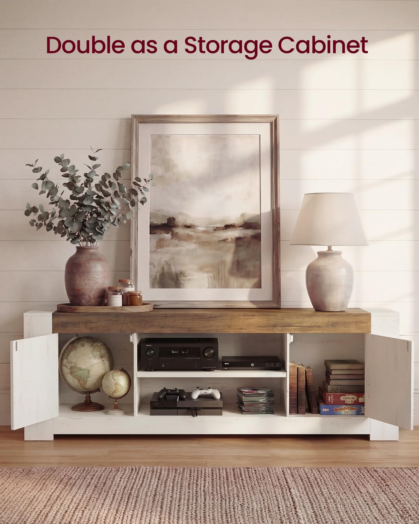 VASAGLE TV Stand, Farmhouse Entertainment Center with Storage Cabinets, Media Console Table for Living Room, Bedroom, for 80 Inch TV, 70 x 15.7 x 23.6 Inches, Rustic White and Honey Brown ULTV624W201S