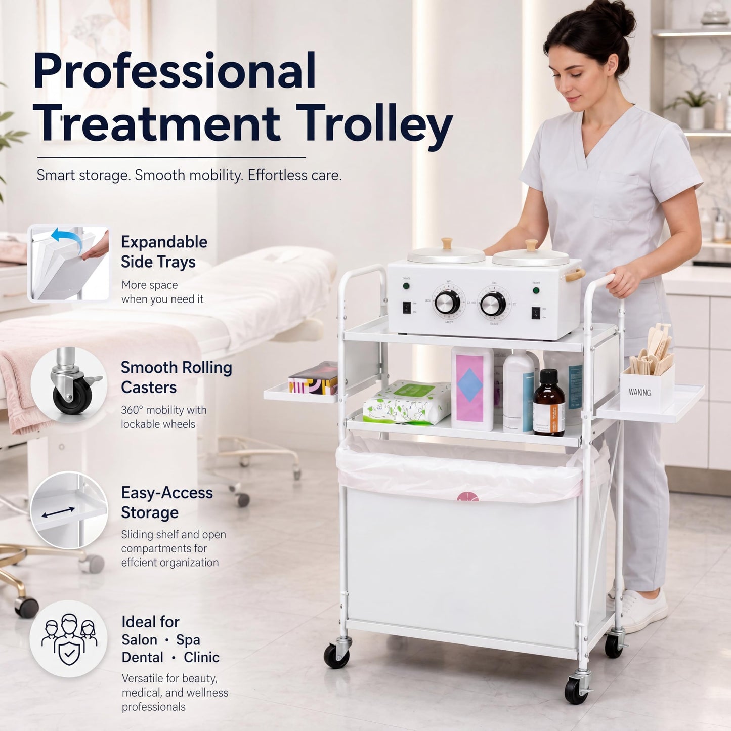 DaisyInner Foldable Waxing Cart Trolley with Wheels, 3-Tier Esthetician Rolling Wax Cart with Pull-Out Tray & Trash Bin, Wax Warmer Storage Station for Salon Spa Massage, White, 12" L x 26" W x 37" H