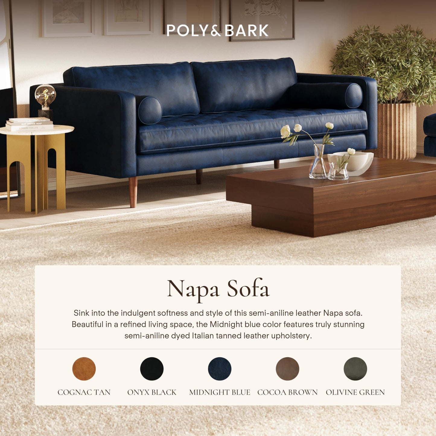 Poly & BARK Napa 88.5" Leather Sofa – Full-Grain Italian-Tanned Aniline Leather, Feather-Down Comfort, Solid Wood Frame, Walnut Legs, Midnight Blue
