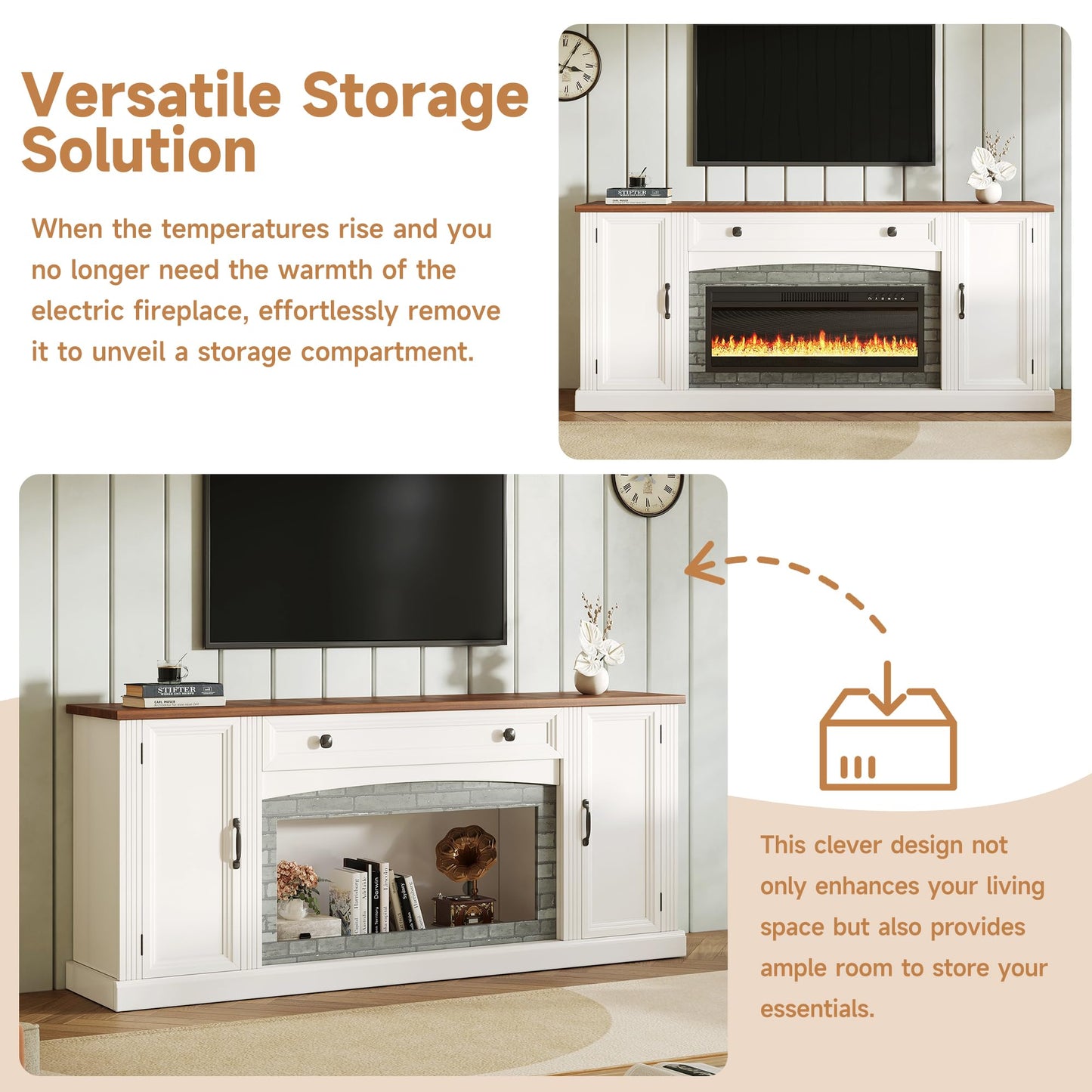 Merax Electric Fireplace TV Stand with Storage, Farmhouse Entertainment Center for Living Room, Heater Unit with Adjustable Shelves & Cable Management, MDF Wood Media Console Table, White
