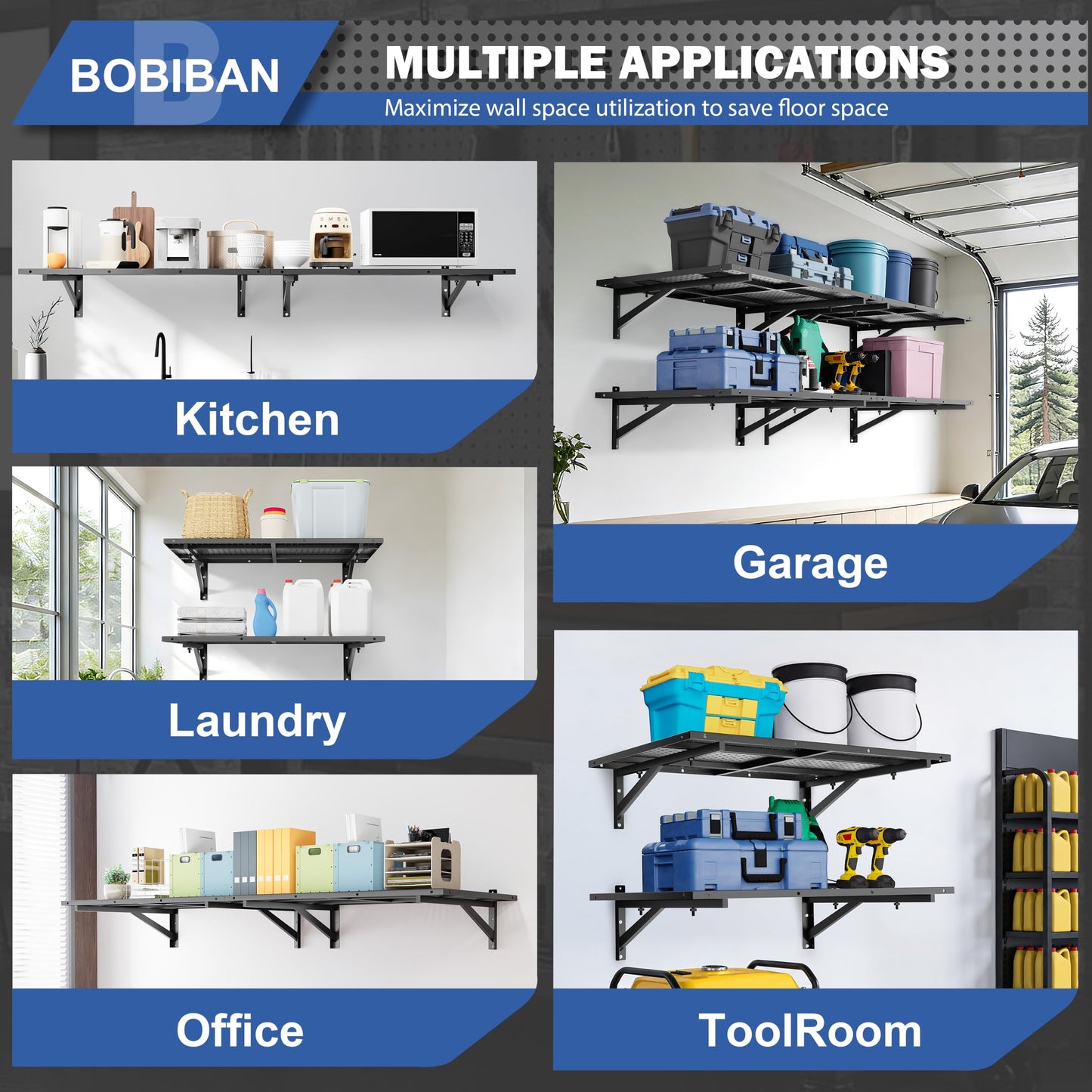 BOBIBAN 4 Pack Garage Wall Shelving Heavy Duty 2x3ft, Black